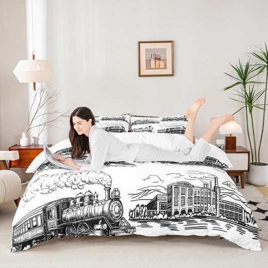Manfei Train Duvet Cover Set Queen Size, Retro Steam Locomotive Train Comforter Cover with 2 Pillowcases, Vintage Train Bedding Set 3pcs for Kids Boys Adults Lightweight Bedspread Cover,No Comforter