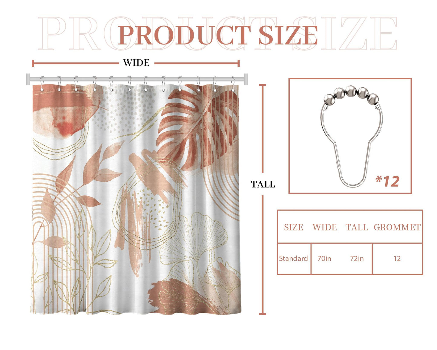 soeeao Coral Pink Shower Curtain Cute Girly Salmon Peach Mid Century Modern Shower Curtains for Girls Bathroom Decor, Waterproof Cloth Fabric with Hooks, 70" W x 72" L