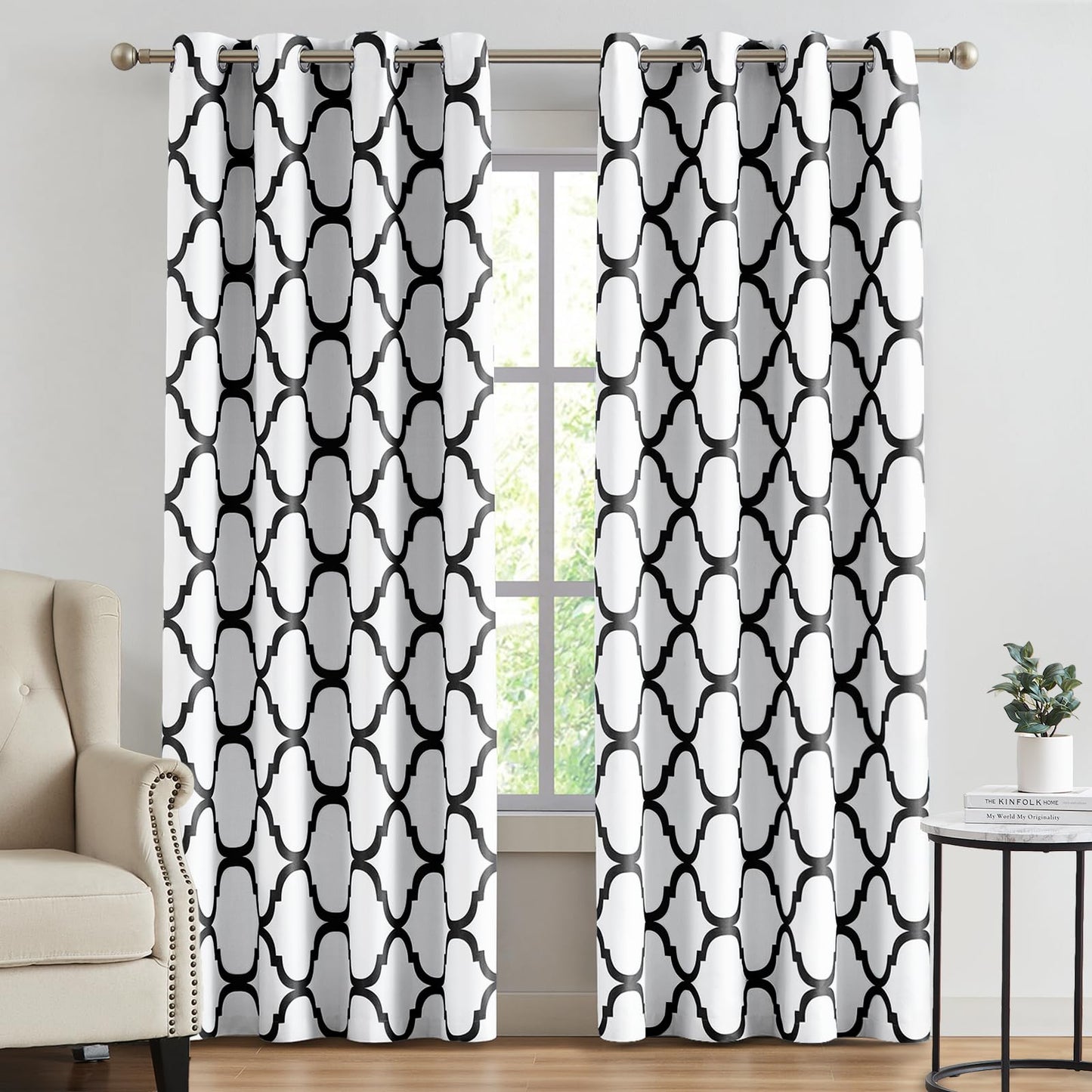Melodieux Moroccan Printed Room Darkening Blackout Grommet Curtains for Living Room Bedroom, 52 by 84 Inch, Off White/Black (2 Panels)