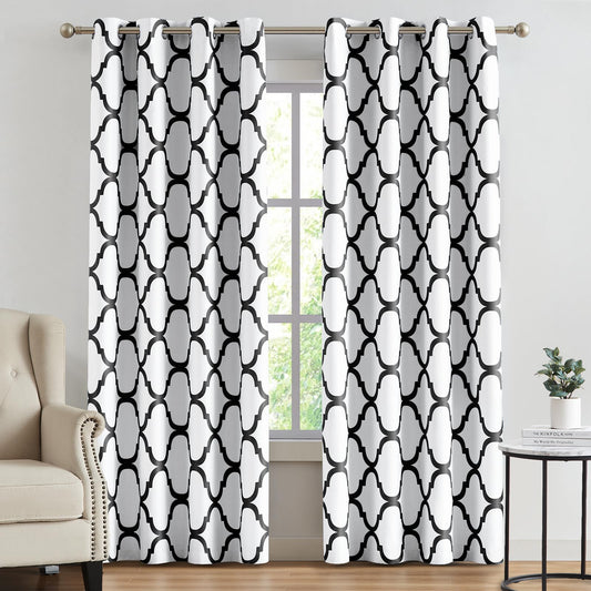 Melodieux Moroccan Printed Room Darkening Blackout Grommet Curtains for Living Room Bedroom, 52 by 84 Inch, Off White/Black (2 Panels)