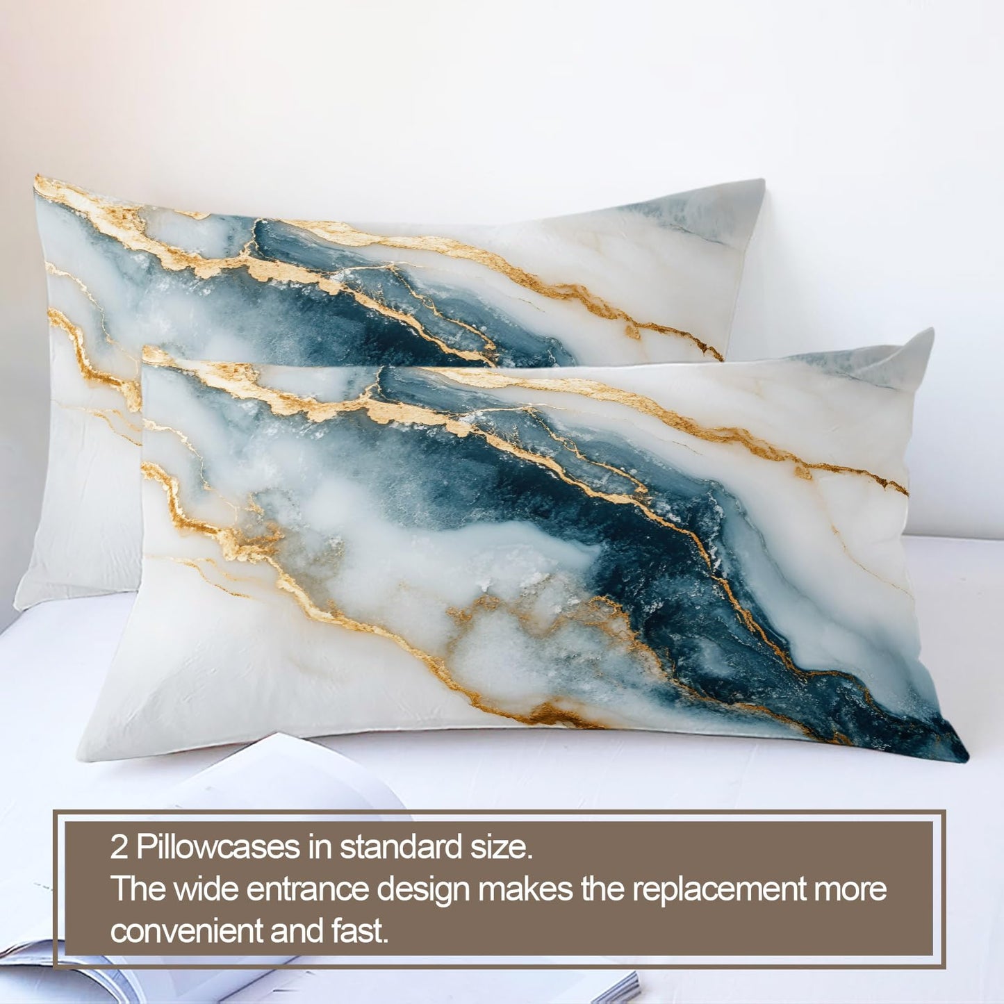 PAISUOQ Marble Duvet Cover Full Size, Golden Texture Bedding, 3 Piece, Soft Microfiber Patterned Comforter Cover with Zipper Ties & 2 Pillowcase, White & Teal Bedroom Decor & Gifts