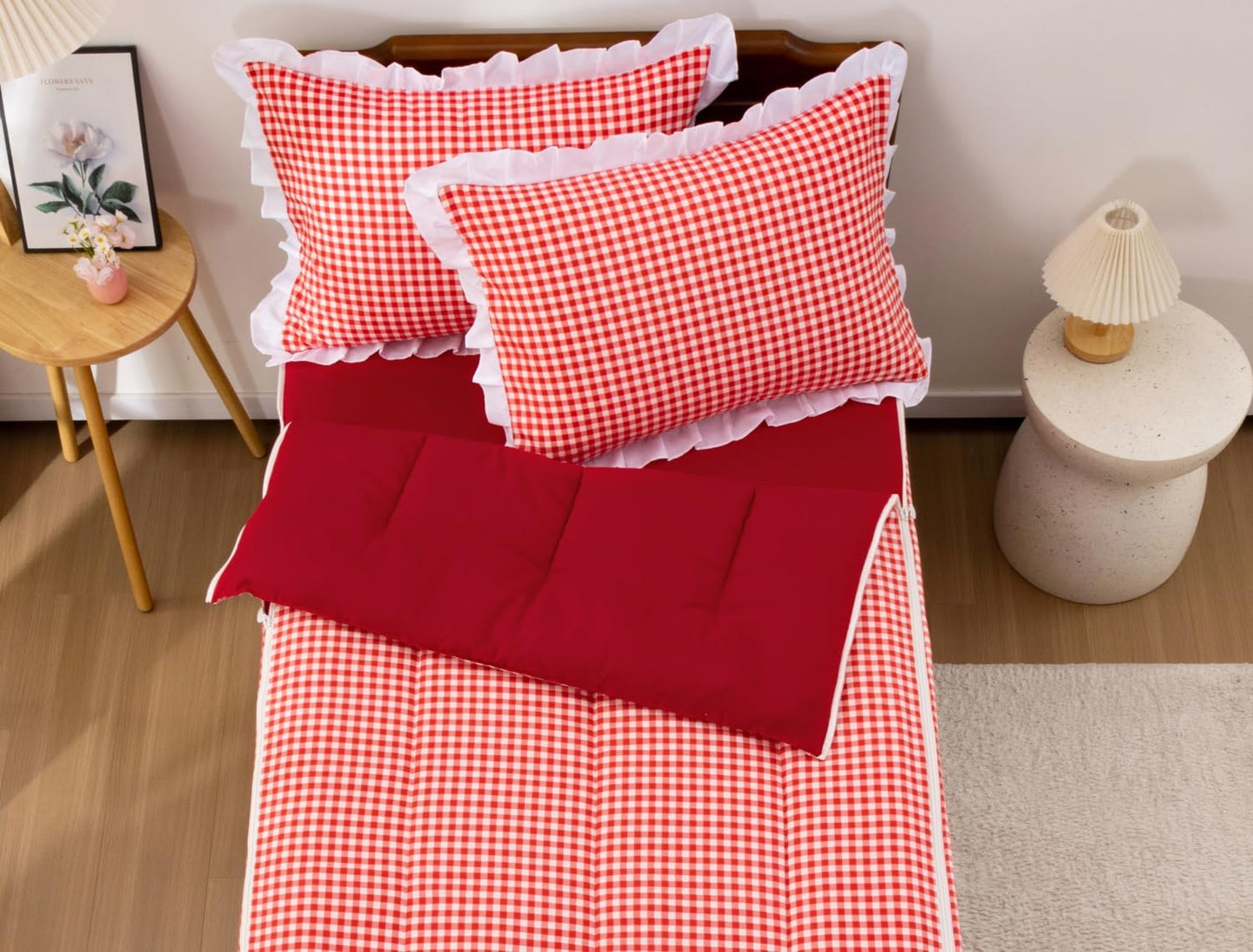 Meeting Story 3pcs Zipper Bedding Twin Kids Checked Plaid Red Comforter Set for Girls and Kids(Red,Twin)