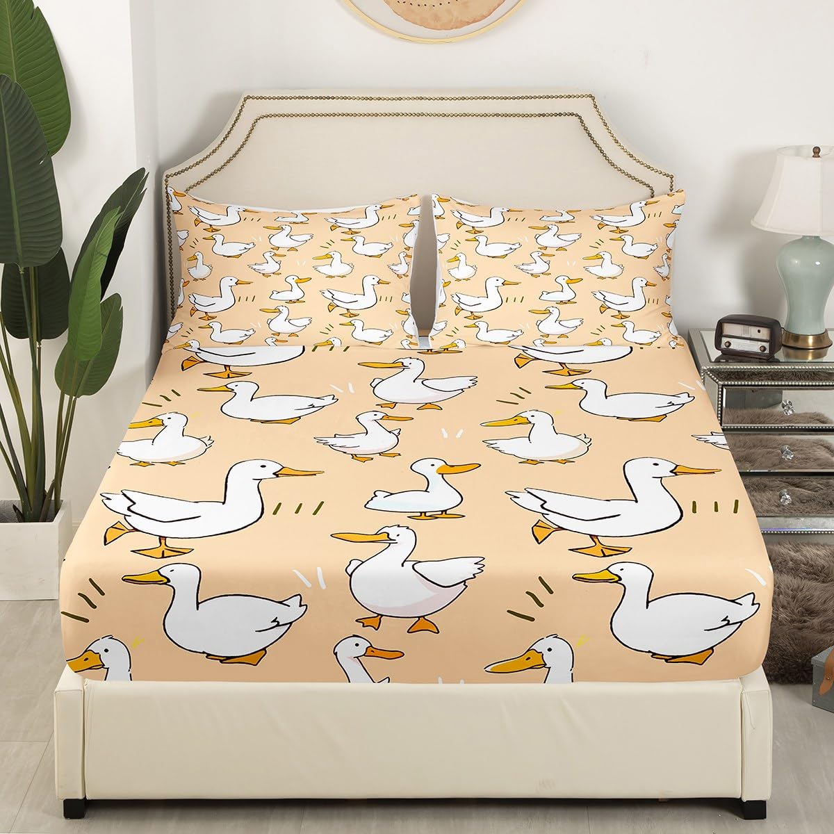 Homewish Cute Duck Fitted Sheet Full Size,Cartoon Farmhouse Livestock Animal Soft Fabric Deep Pocket Mattress Cover,Kawaii Goose Hand Drawn Orange Bed Cover with 2 Pillowcases,No Flat Sheet