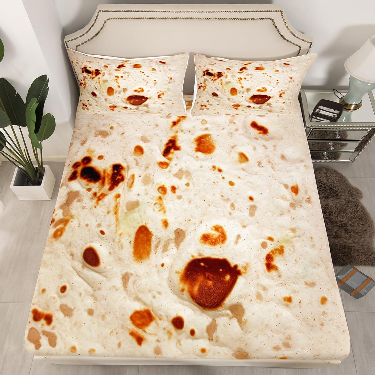 Feelyou Burritos Tortilla Bedding Set for Adult and Kids Ultra Soft Giant Funny Realistic Food Bed Sheet Set Set Breathable Novelty Soft Flannel Taco Fitted Sheet Queen Size 3Pcs