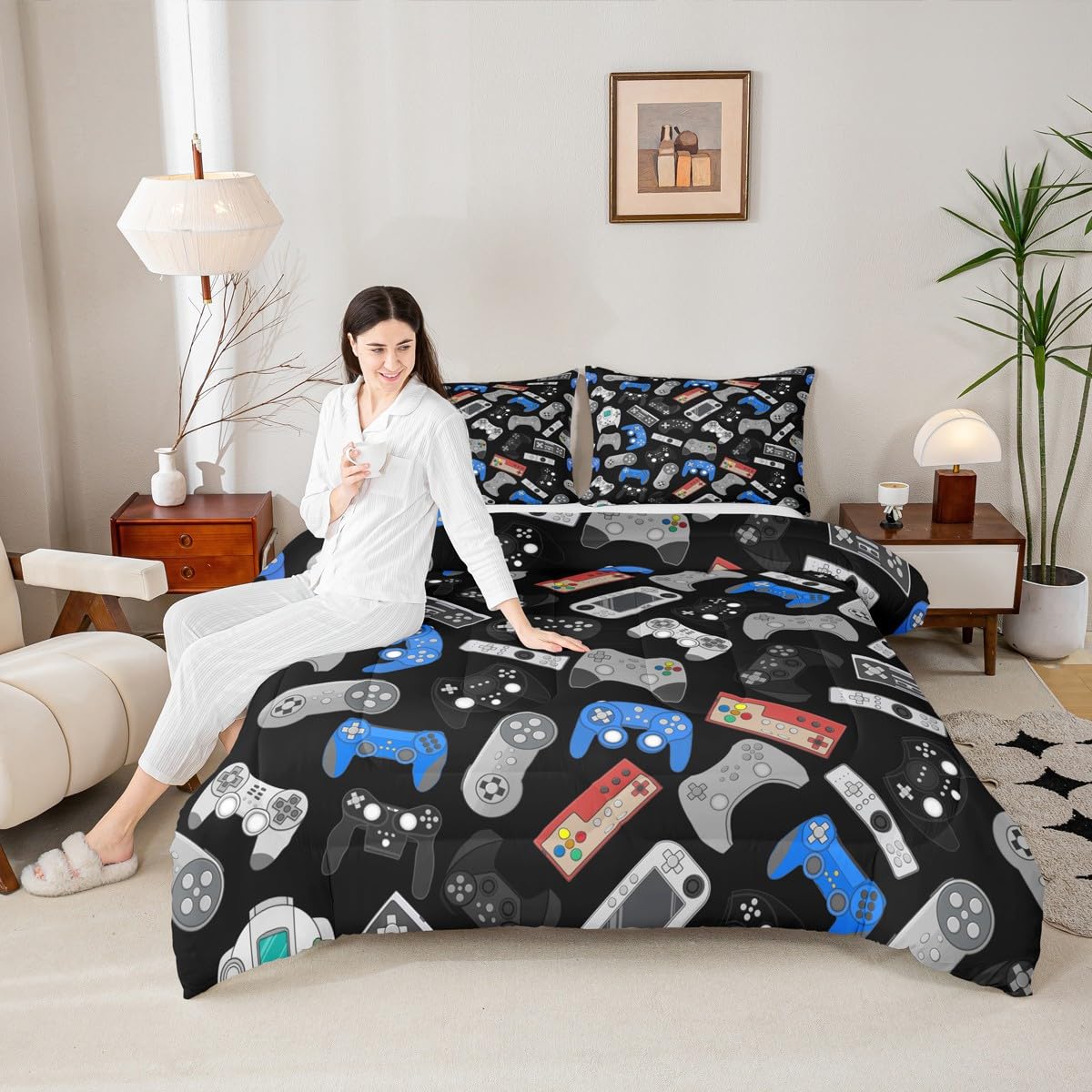 Erosebridal Teens Gamepad Bedding Set, Modern Gamer Down Comforter Full Size for Kids Boys Children Youth, Video Game Comforter Set Player Gaming Joystick Duvet Insert for Bedroom, Black Blue