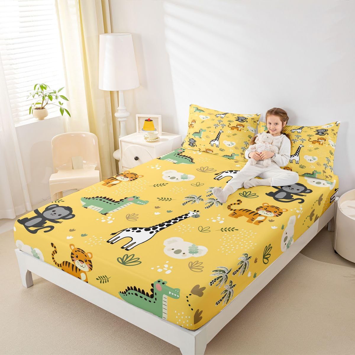 Erosebridal Jungle Animals Bed Sheets Full Cartoon Kawaii Sheet Set for Kids Boys Girls Safari Animals Sheets Monkey Giraffe Crocodile Tiger Flat Fitted Sheet 3 Pcs
