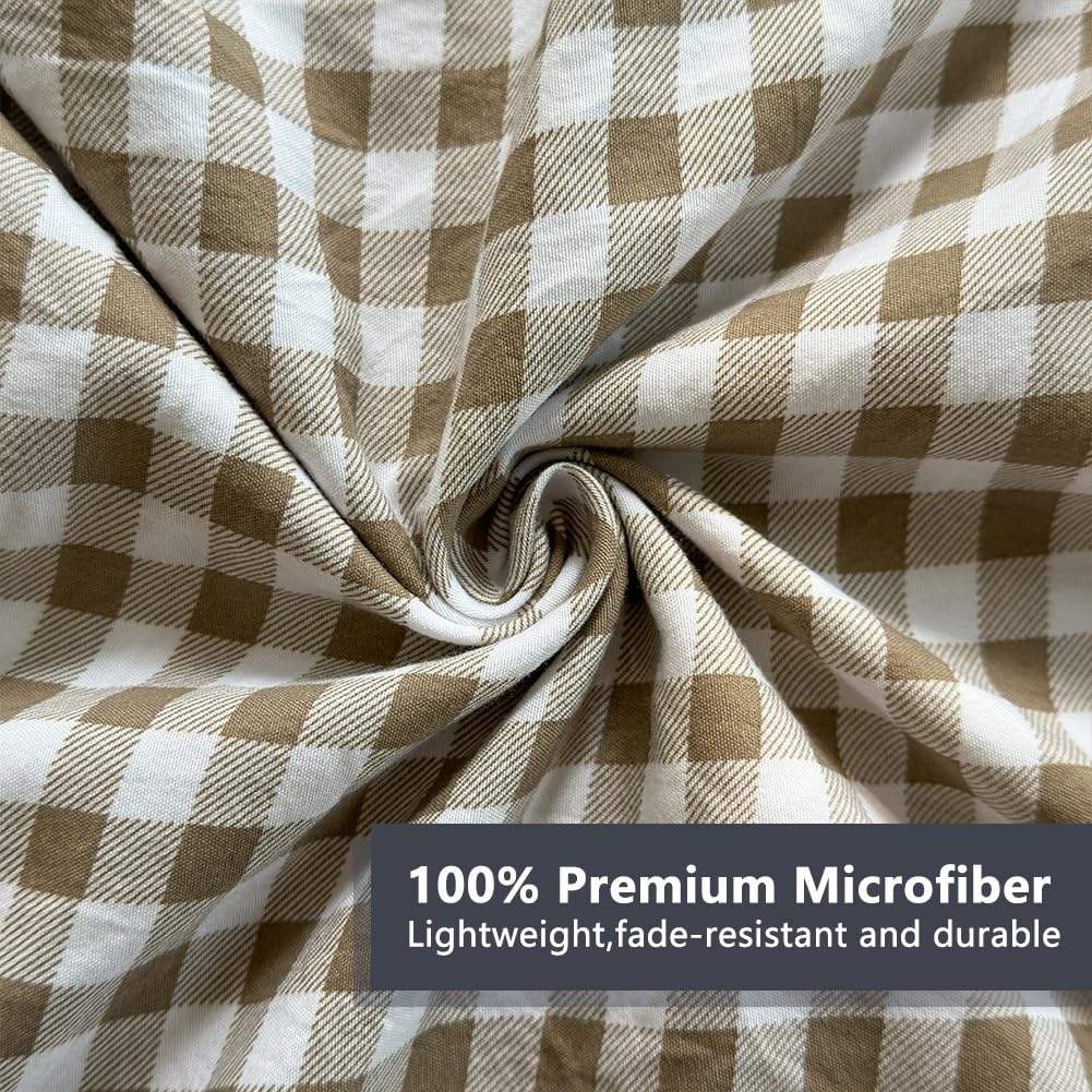 NSNLGSGC Tan Gingham Ruffle Queen Sheet Set, Taupe Soft Pre-Washed Microfiber Plaid Queen Bed Sheets, 4-Pieces Farmhouse Sheet Set with Deep Pocket