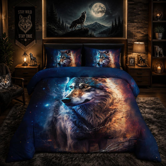 Nttopship Galaxy Wolf Comforter Set Twin Size for Adults 3Pcs,Moon Night Wild Animal Bedding Comforter Set Soft Warm Comforer for All Season Room Decor with 1 Comforter and 2 Pillow Case
