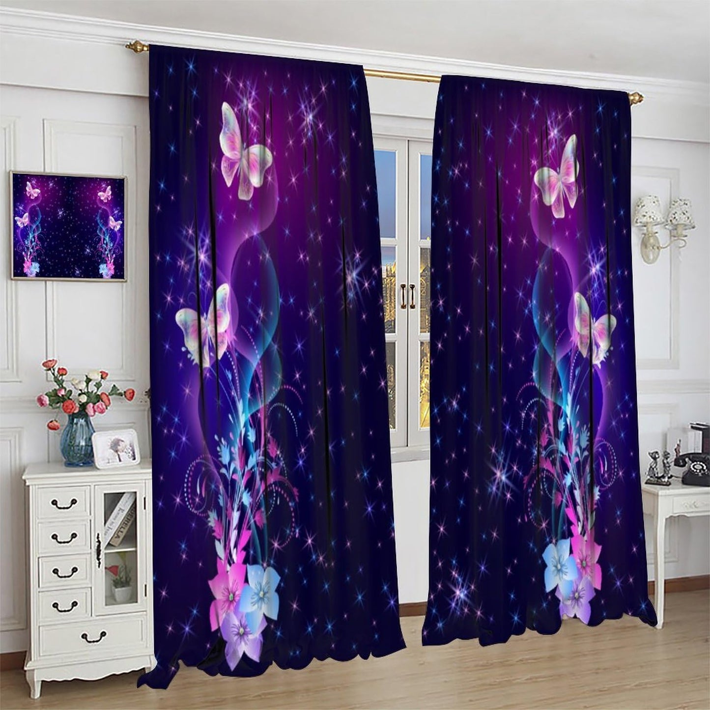 XBDDZSW Dream Butterfly Curtain,Abstract Purple Watercolour Hand Drawn Butterfly Pattern Print Window Drapes for Kids Girl Bedroom Living Room Kitchen Decor,2 Panel Set,42x45 Inch Decor