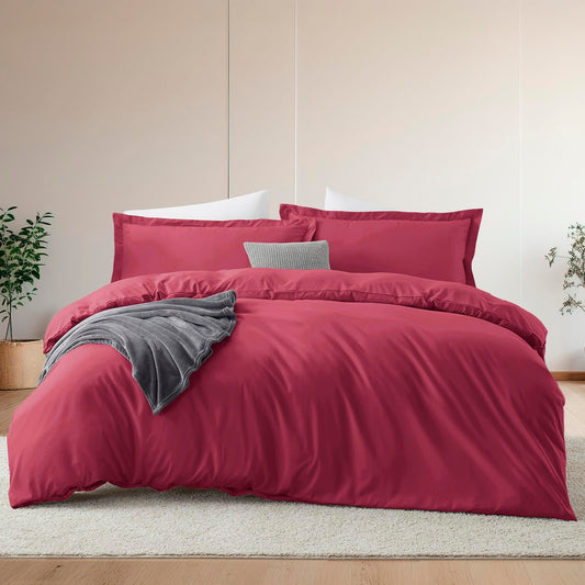 Hearth & Harbor Queen Size Duvet Cover & Bed Sheet Set Burgundy Red, 7 Piece Soft Double Brushed Bedding Set, Includes Duvet Cover, Flat Sheet, Fitted Sheet, Pillowcases and Pillow Shams