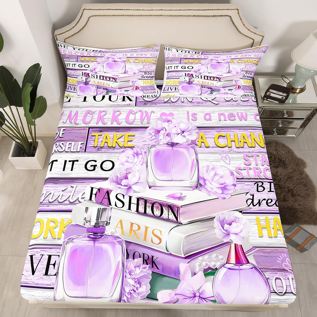Erosebridal Violet Fashion Sheet Set King for Women Girls Kids Girly Aesthetic Modern Bed Sheets Inspirational Quotes Elegant Coquette Cute Bedding Set Perfume Paris Preppy Pink Purple Bow Sheets