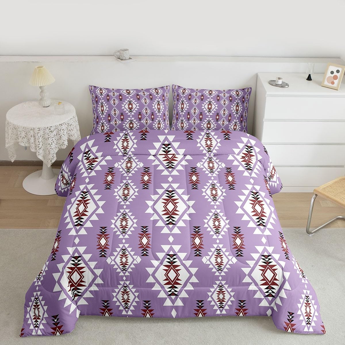 jejeloiu Boho Western Comforter Set All Season Bohemian Southwestern Bedding Set with 2 Pillow Cases Aztec Decor Kids Queen Bedclothes Farmhouse Country Bedroom Duvet Quilt Soft Lightweight