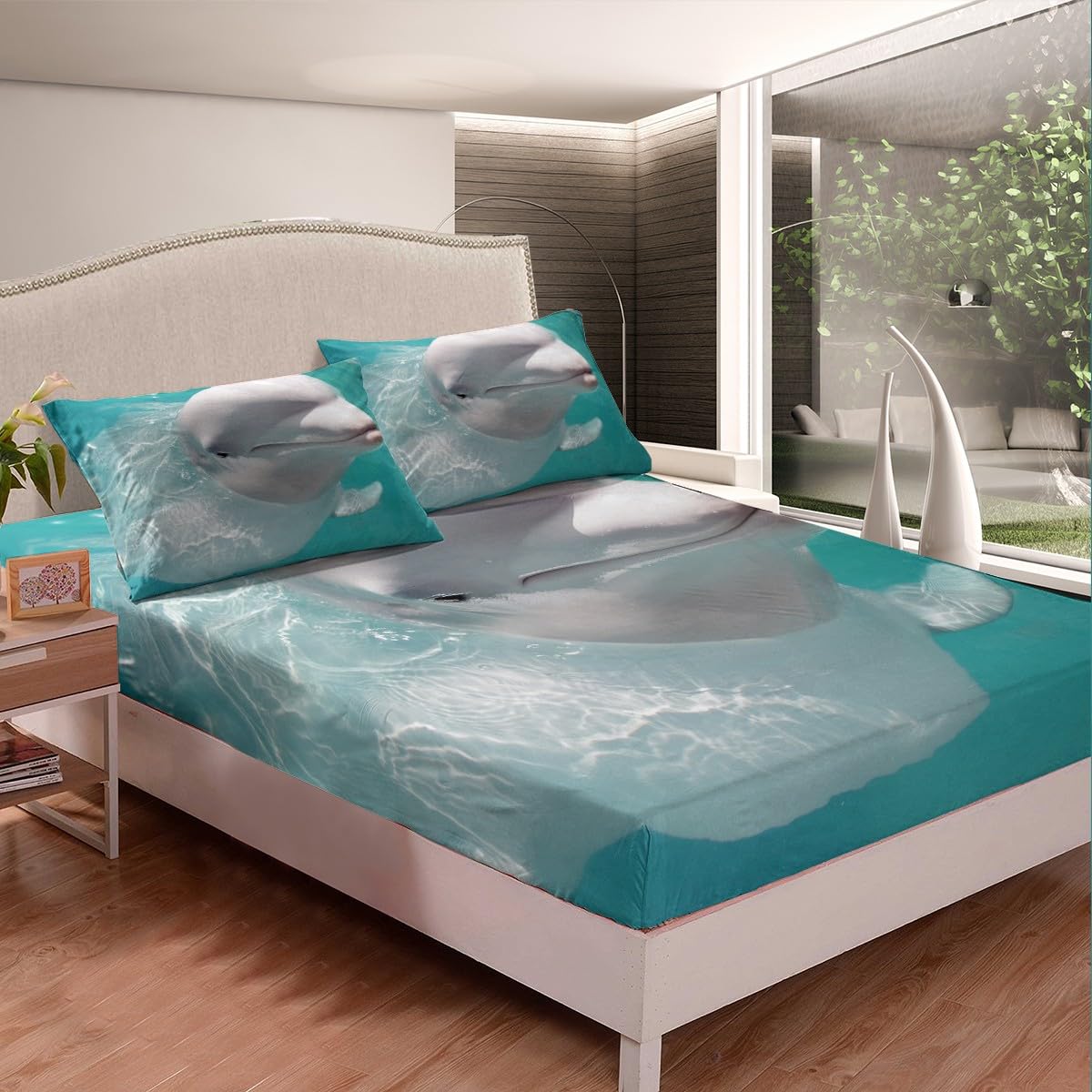 Manfei Beluga Whale Bedding Set 2pcs for Kids Boys Teens White Whale in Water Print Sheet Set Sea Animal Fitted Sheet Microfiber Bed Sheet Set (1 Fitted Sheet + 1 Pillow Case) Twin Size