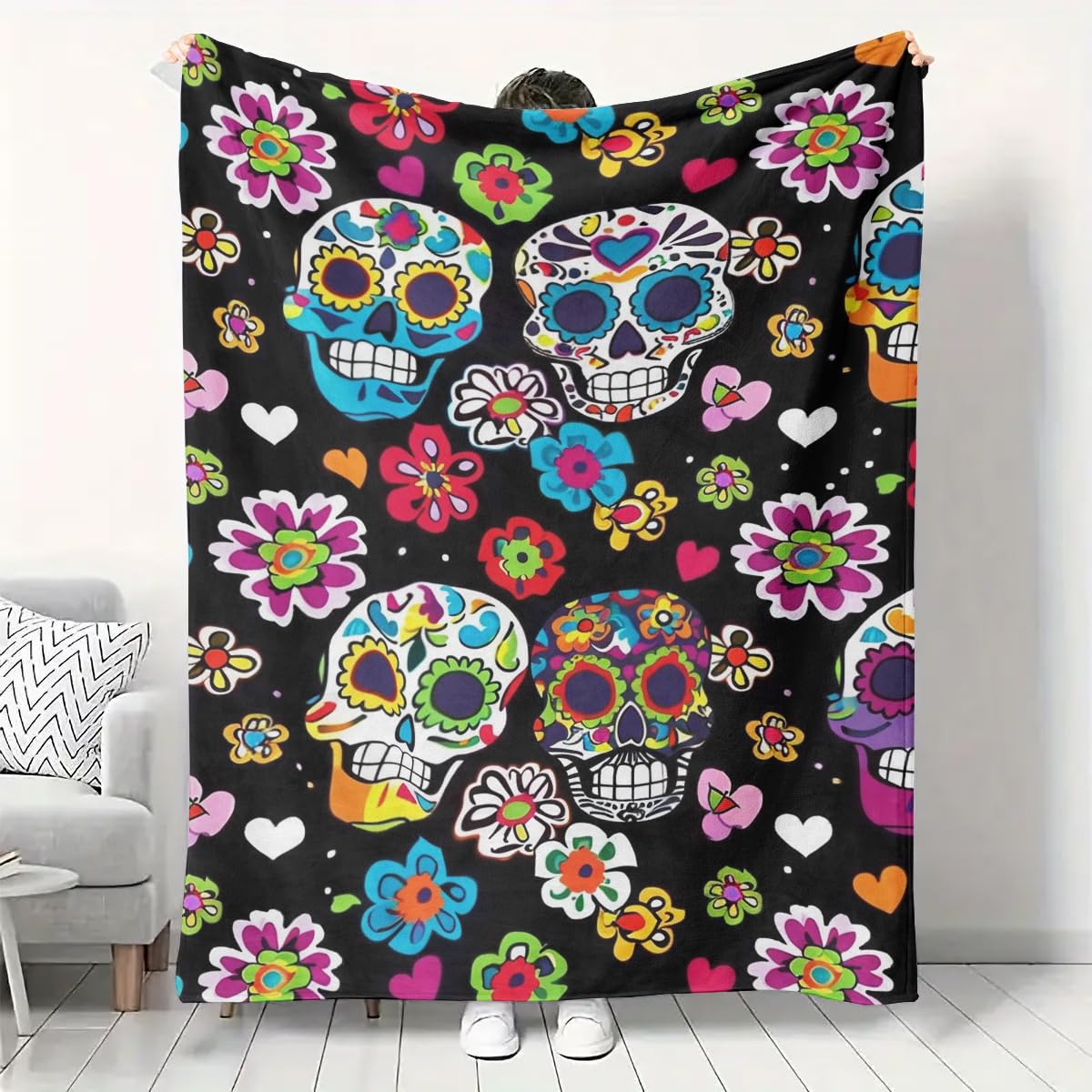 EENSYWEENSY Sugar Skull Throw Blanket, Mexico Colorful Flowers, Halloween Blankets Fuzzy Gifts for Sofa Couch Bedroom (40“ x 30”)