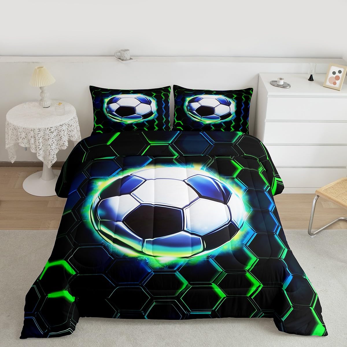 Football Kids Comforter Set Queen Size,Soccer Game Ball Sports Bedding Set,Girls Boys Room Decor,Geometric Honeycomb Hexagon Quilt Comforter,Black Green Duvet Set Bedroom Quilt Set,2 Pillowcases