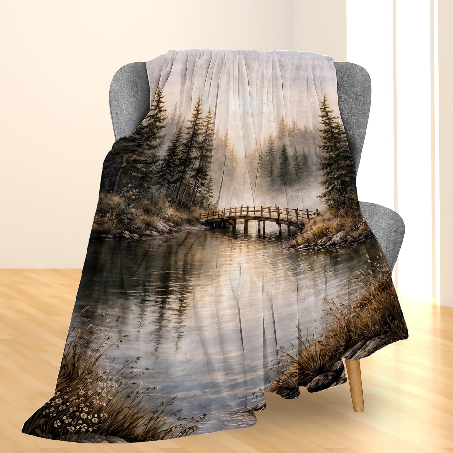 Ti Caldi Forest Landscape Blanket Gifts, Rustic Wooden Bridge Lake Flannel Nature Throw Blanket for Couch, Bed, Travel & Decor, Cozy Lightweight Warm Blankets for Adults Women Teens 60×50 in