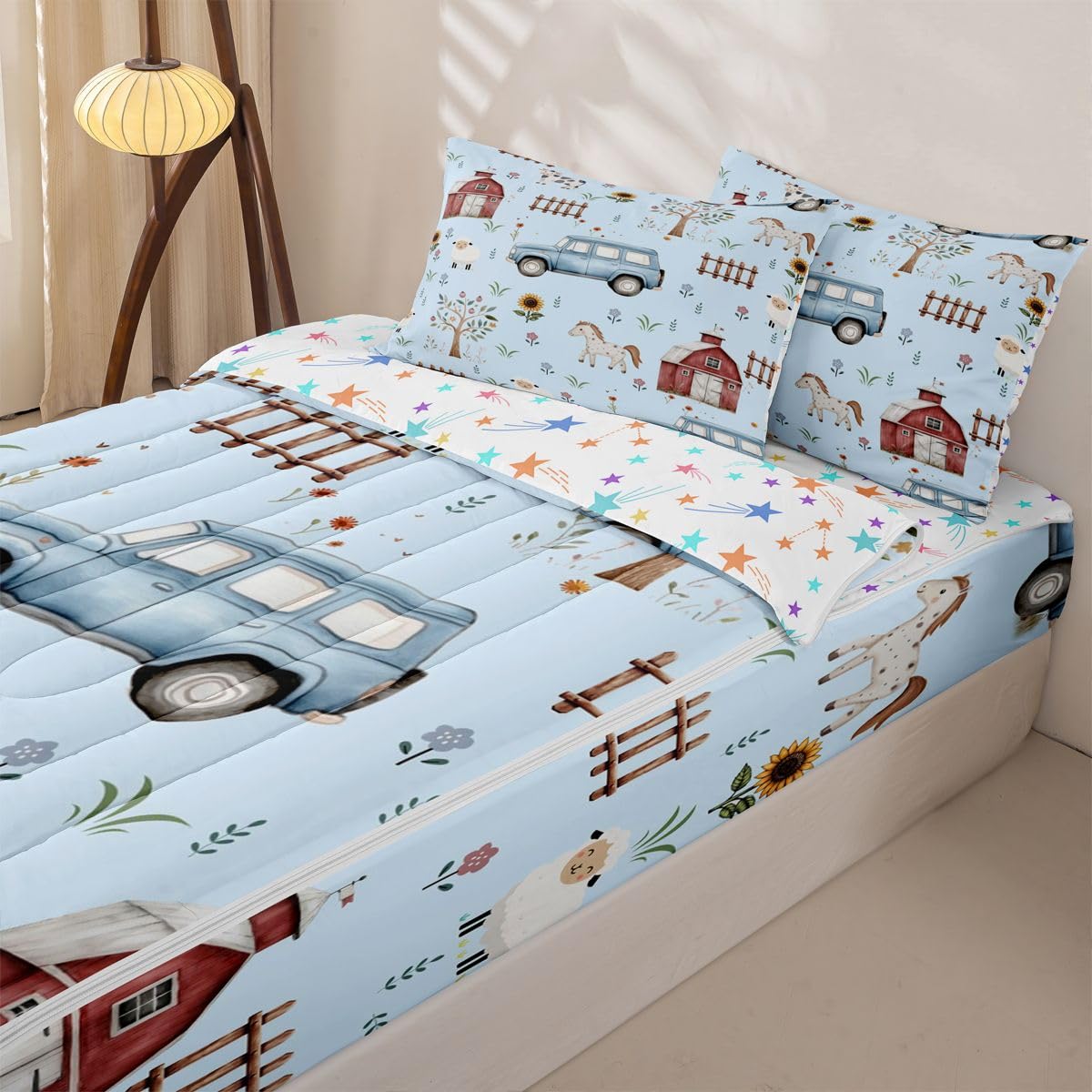 Erosebridal Farm Animal Twin Zipper Bedding Cartoon Tractor Kids Comforter Set with Fitted Sheet Rustic Barn Door 3 Pcs Bed in a Bag Set Farmhouse Horse Sheep Cow Sunflower Floral Zip Up Bedding Sets