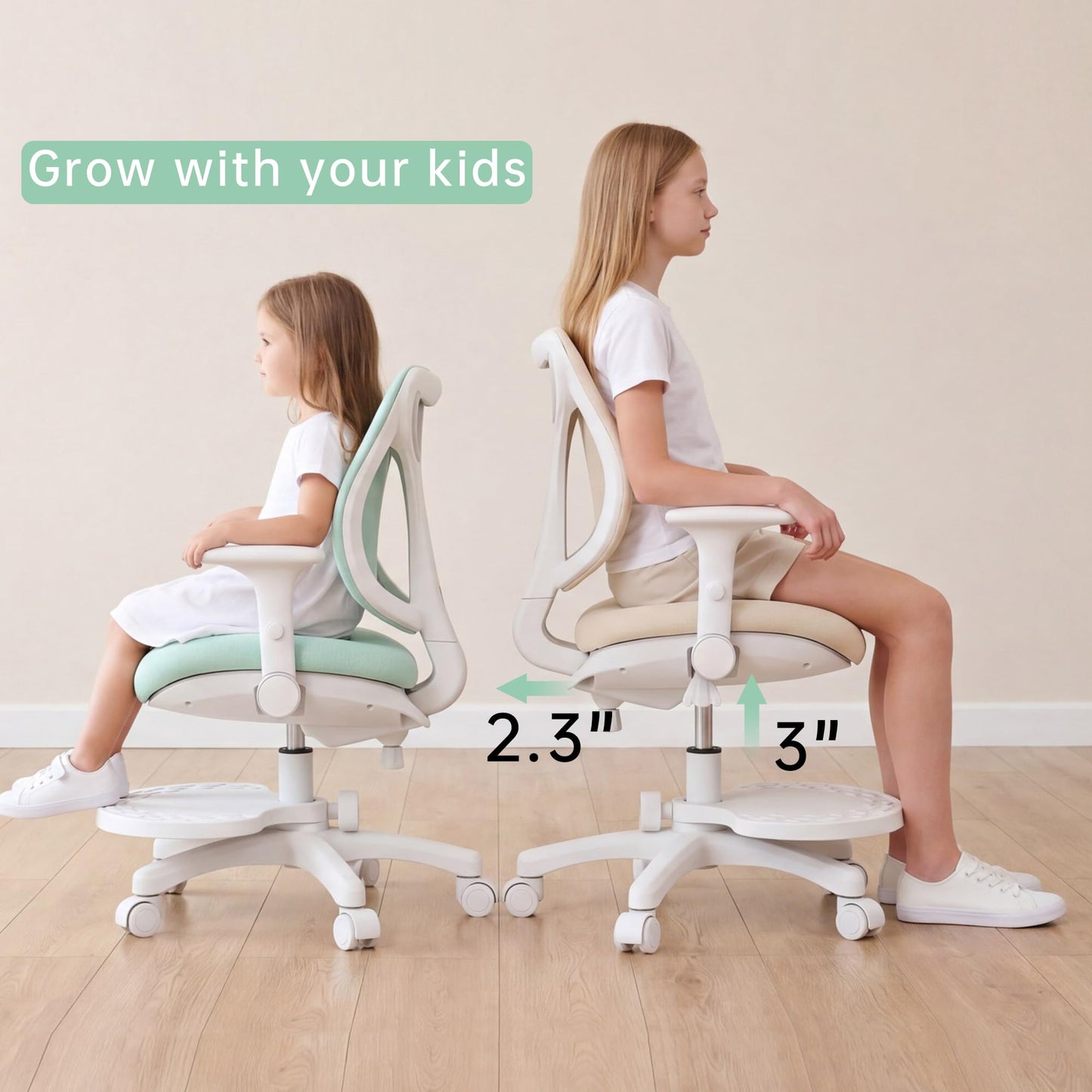 chirvana Kids Desk Chair, Ergonomic Study Chair for Bedroom with Adjustable Footrest, Adjustable Height, Flip-Up Armrests, Mesh Student Chair with Adjustable backrest, Model Deer (Beige)