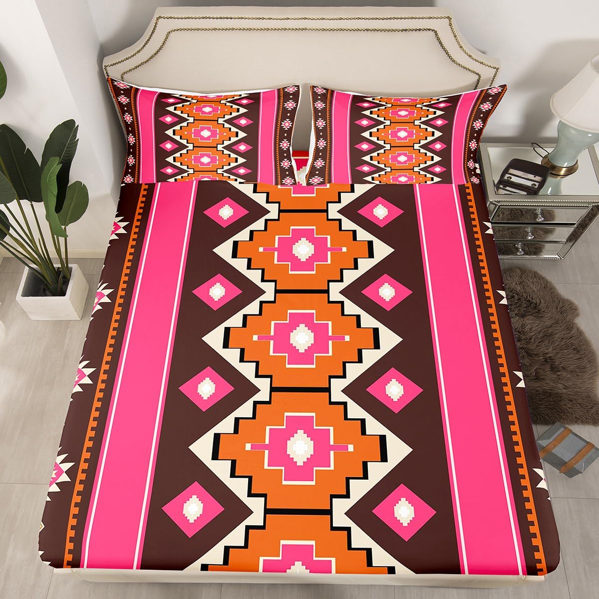 Feelyou Boho Aztec Bed Sheets Set King Size West Bed Set for Kids Boys Girls Pink Brown Deep Pocket Fitted Sheet Western Breathable Soft Lightweight Microfiber
