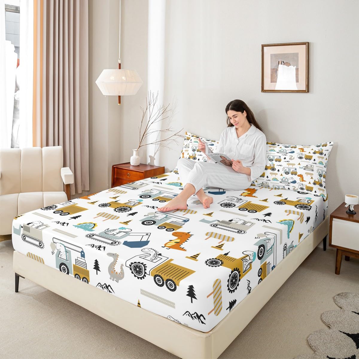 Feelyou Construction Bed Sheets Set Full Size Equipment Trucks Sheet Set for Kids Boys Girls Decor Dinosaur Sheets with Deep Pocket Fitted Sheet 3D Digital Print Yellow Bedding Set Bedroom