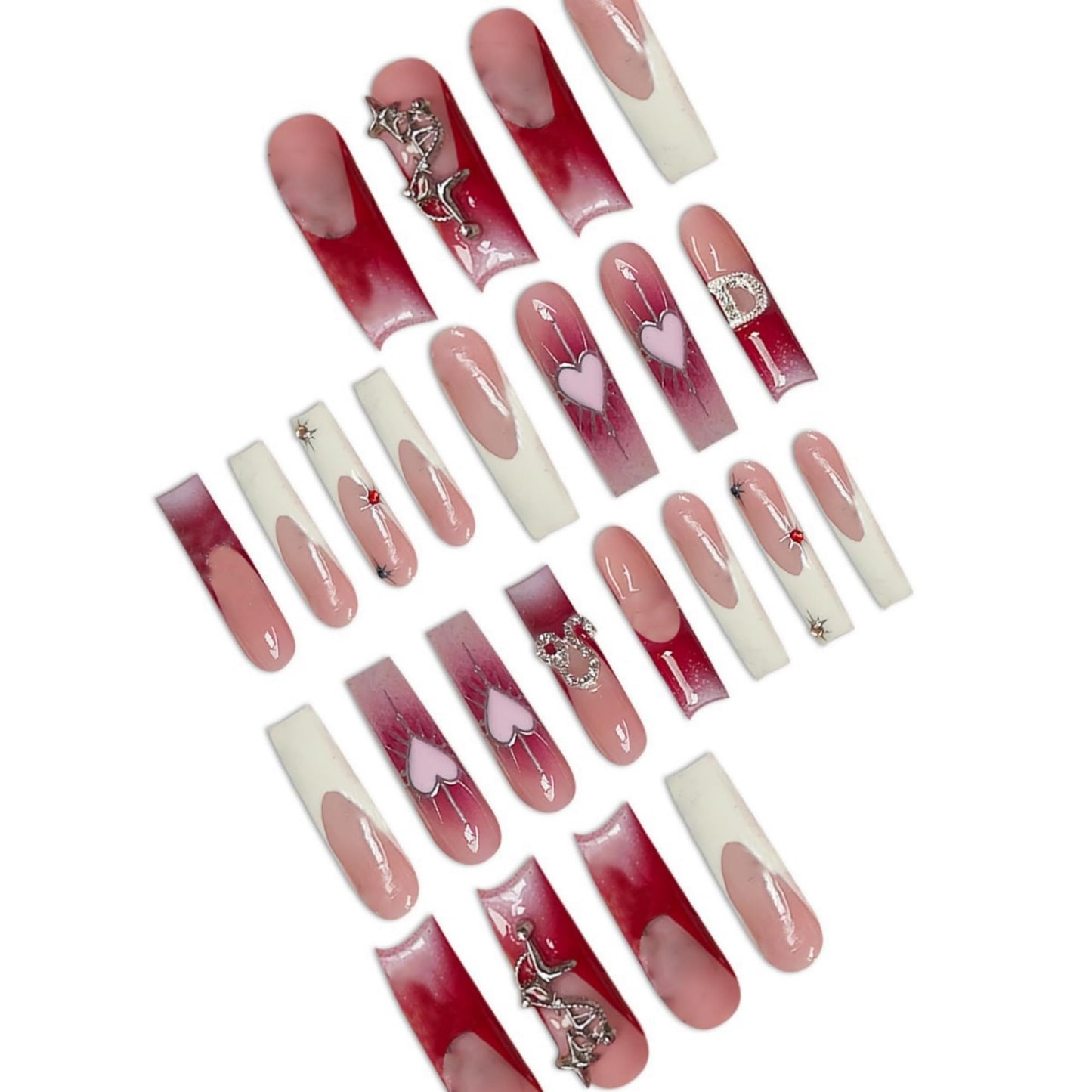 Long Press on Nails Square Fake Nails Pink Gradient Artificial Nail Heart and Silver Charm Designs Extra Long Stick on Nail for Women 24pcs