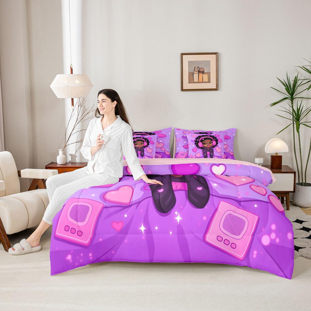 Erosebridal Anime Black Girls Queen Bedding Set Kawaii Pink Headphones Girl Comforter Set with Flat and Fitted Sheet Kids Teen Aesthetic Heart 7-Piece Bed in a Bag Music Theme Quilt Sets