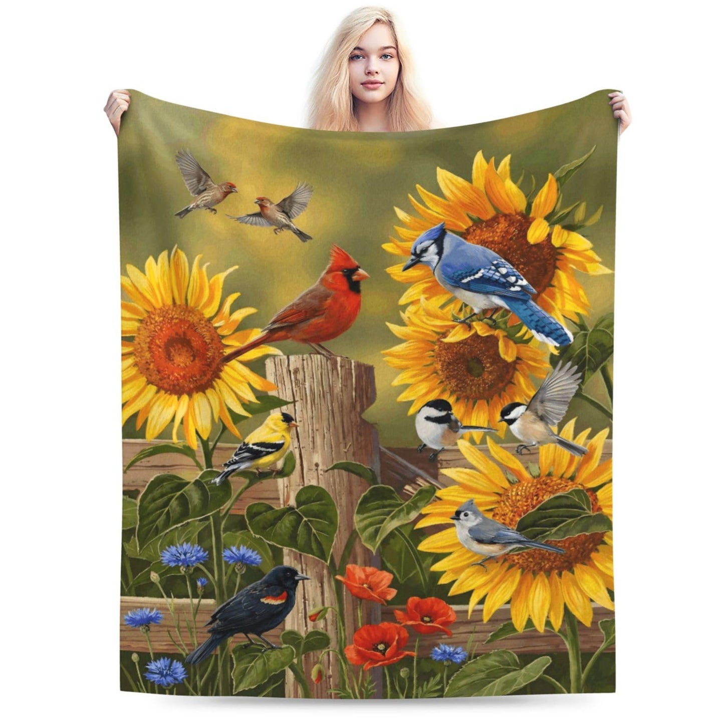 Gbuzozie Rustic Flowers and Birds Fleece Blanket Lightweight Ultra-Soft Cardinal and Sunflowers Throw Blanket for Sofa Couch Bed Camping Travel - Super Soft Cozy Microfiber Blanket 50"X40"