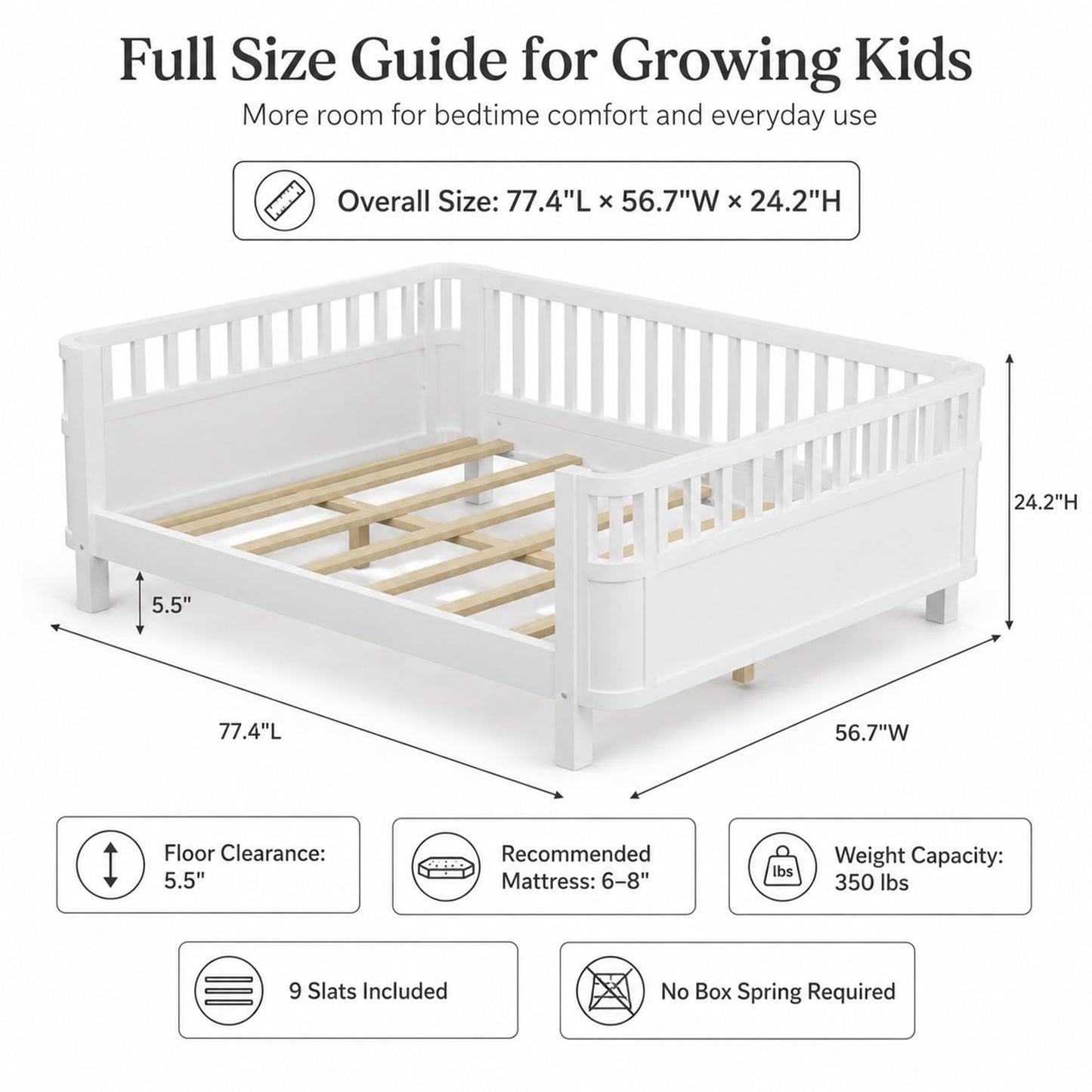 OYUMOENTS Full Size Kids Bed Frame, Low Profile Montessori Bed Full with Rails, Wood Daybed for Girls & Boys, No Spring Box Required, No Squeaks, White