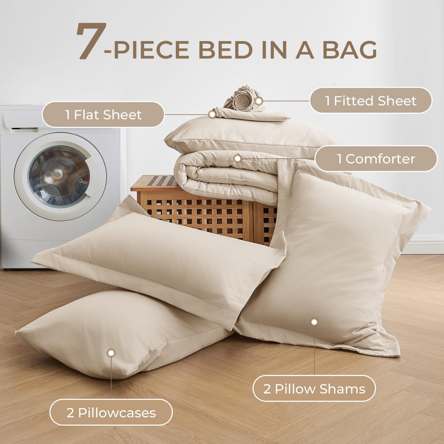 Sasttie Queen Comforter Set, Beige 7 Pieces Bed in a Bag Queen, Complete Bedding Set Includes Comforter, Flat Sheet, Fitted Sheet, Pillowcases and Pillow Shams, Beige