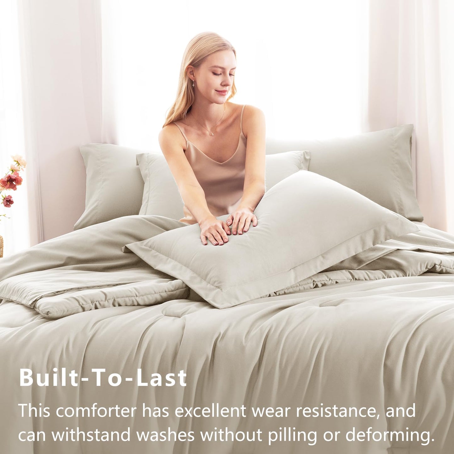 CozyLux Queen Comforter Set Beige, 7 Pieces Bed in a Bag Queen Comforter Set with Sheets, Luxury Soft Bedding Sets with Down Alternative Comforter, Fitted Sheet, Flat Sheet, Pillowcases & Shams
