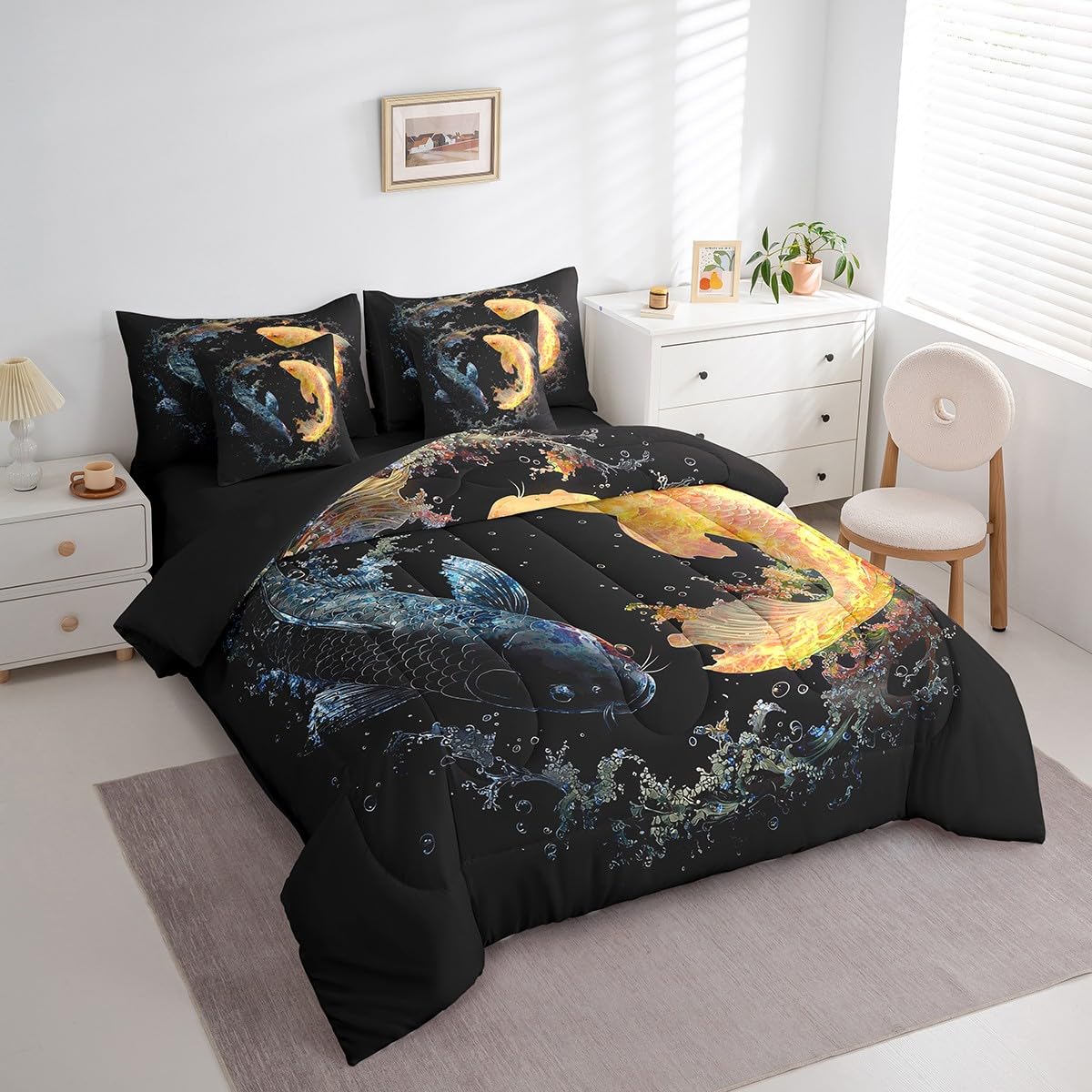 Erosebridal Teal 3D Fish 7 Pcs Comforter Set Queen Size,Fish Scales Wildlife Bed in a Bag with Flat Sheet and Fitted Sheet for Kids Teens Adult,Hunting Bedding Set with Pillowcase and Sham Reversible