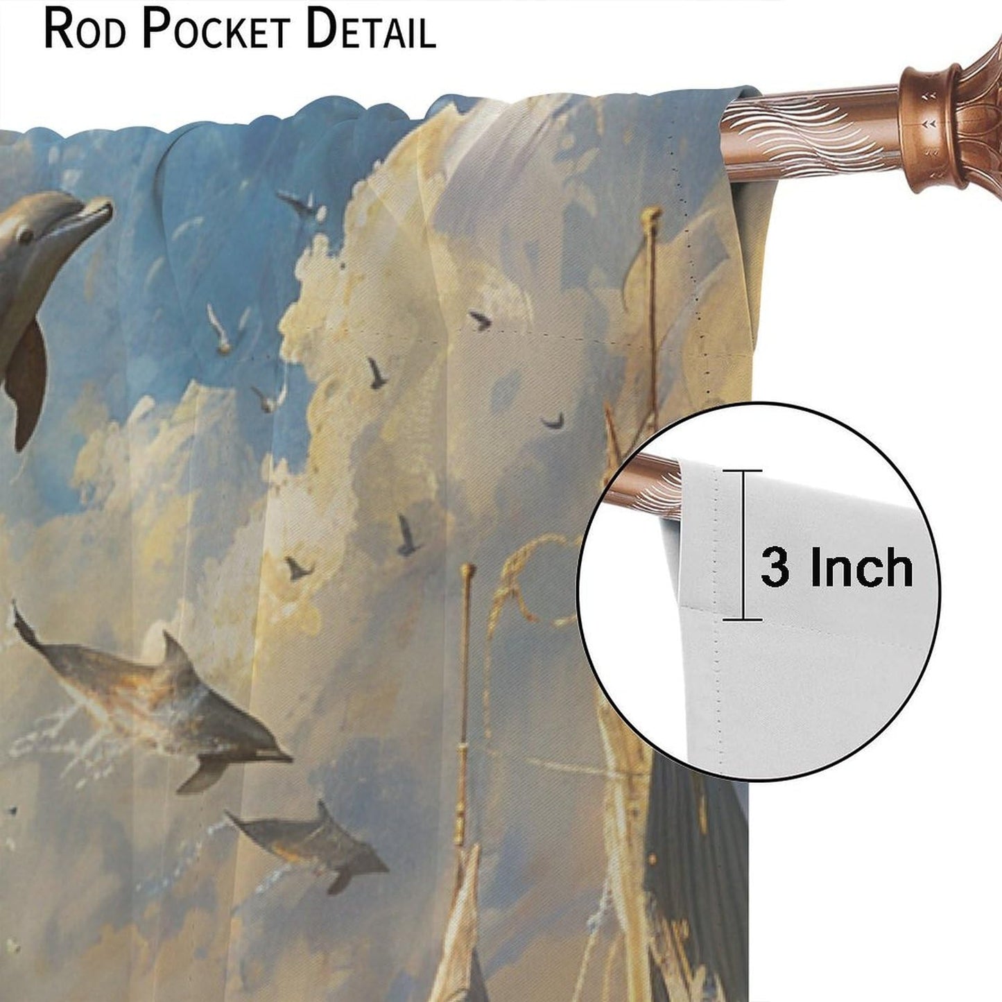 TOWINSFB Medieval Building Dolphin Blackout Curtains for Bedroom Living Room, Nautical Sailboat Seagull Ocean Thermal Insulated Room Darkening Curtain - 42" W x 45" L