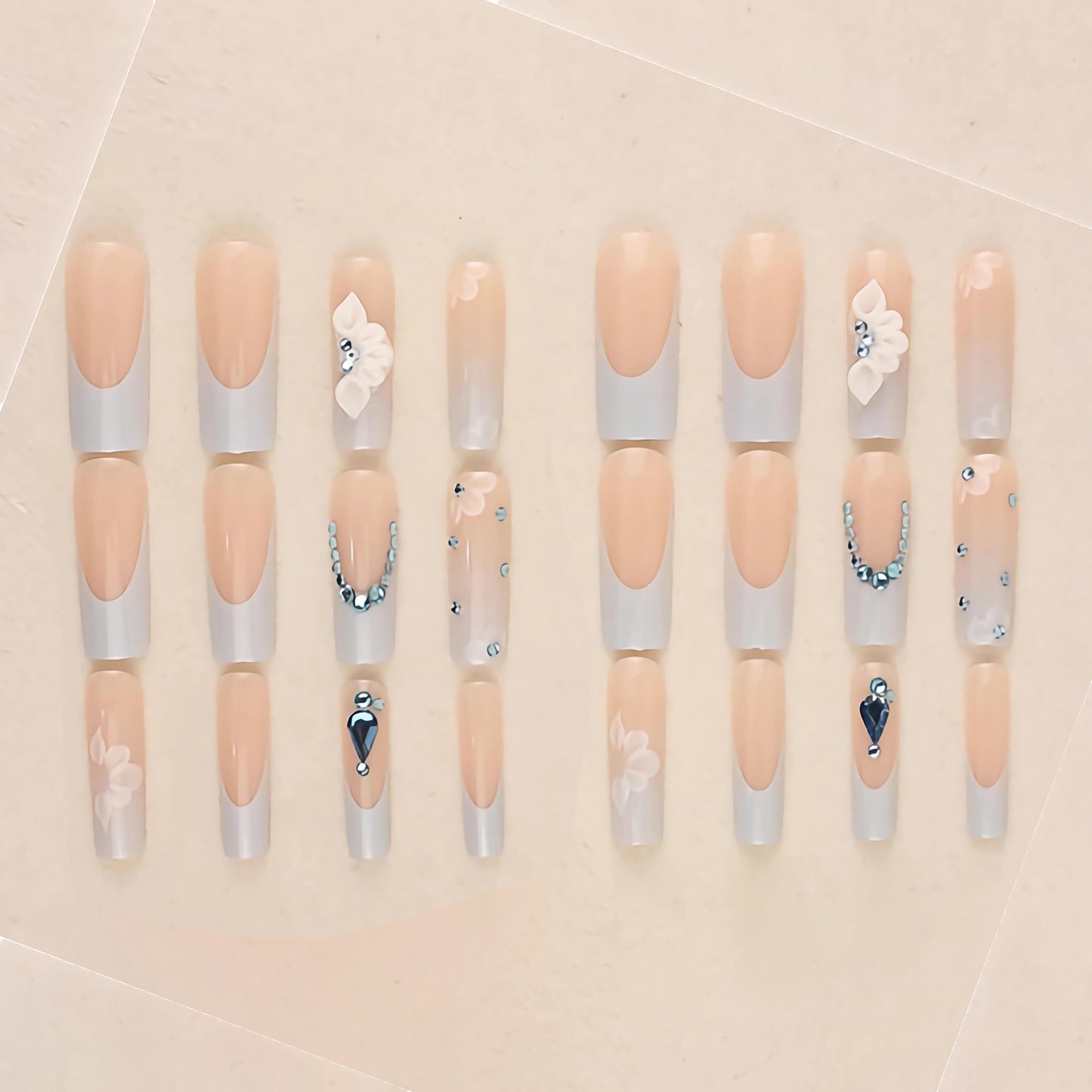 BABALAL Long Square Press on Nails - Blue French Tip Fake Nails, 3D Flower Design Bling Rhinestone Full Cover Acrylic Nails for Women and Girls, 24Pcs