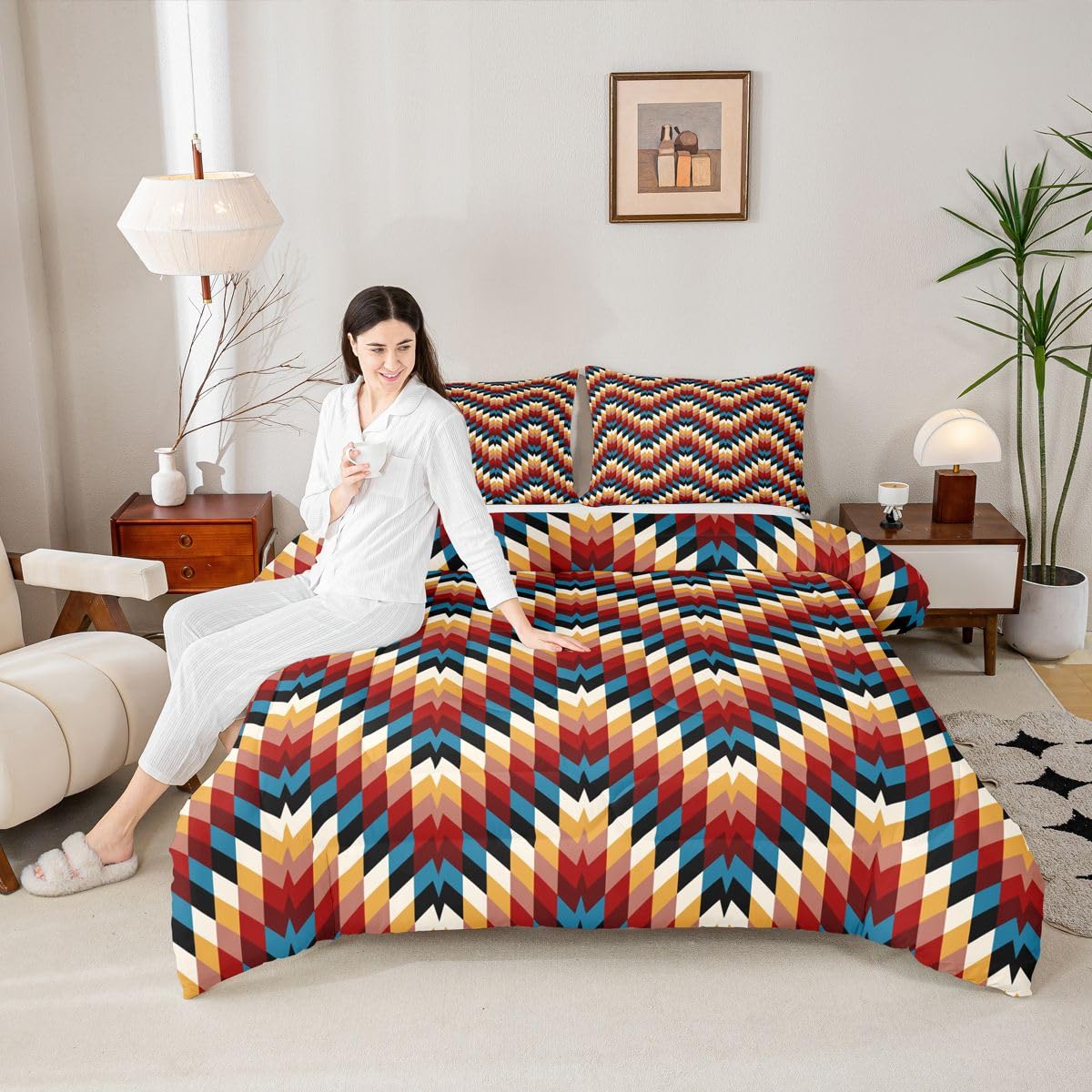 jejeloiu Southwestern Native Aztec Comforter Set All Season Bohemian Bedding Set with 2 Pillow Cases Brown Blue Microfiber Kids Queen Bedclothes Tribal Geometric Bedroom Decor Duvet Quilt Breathable