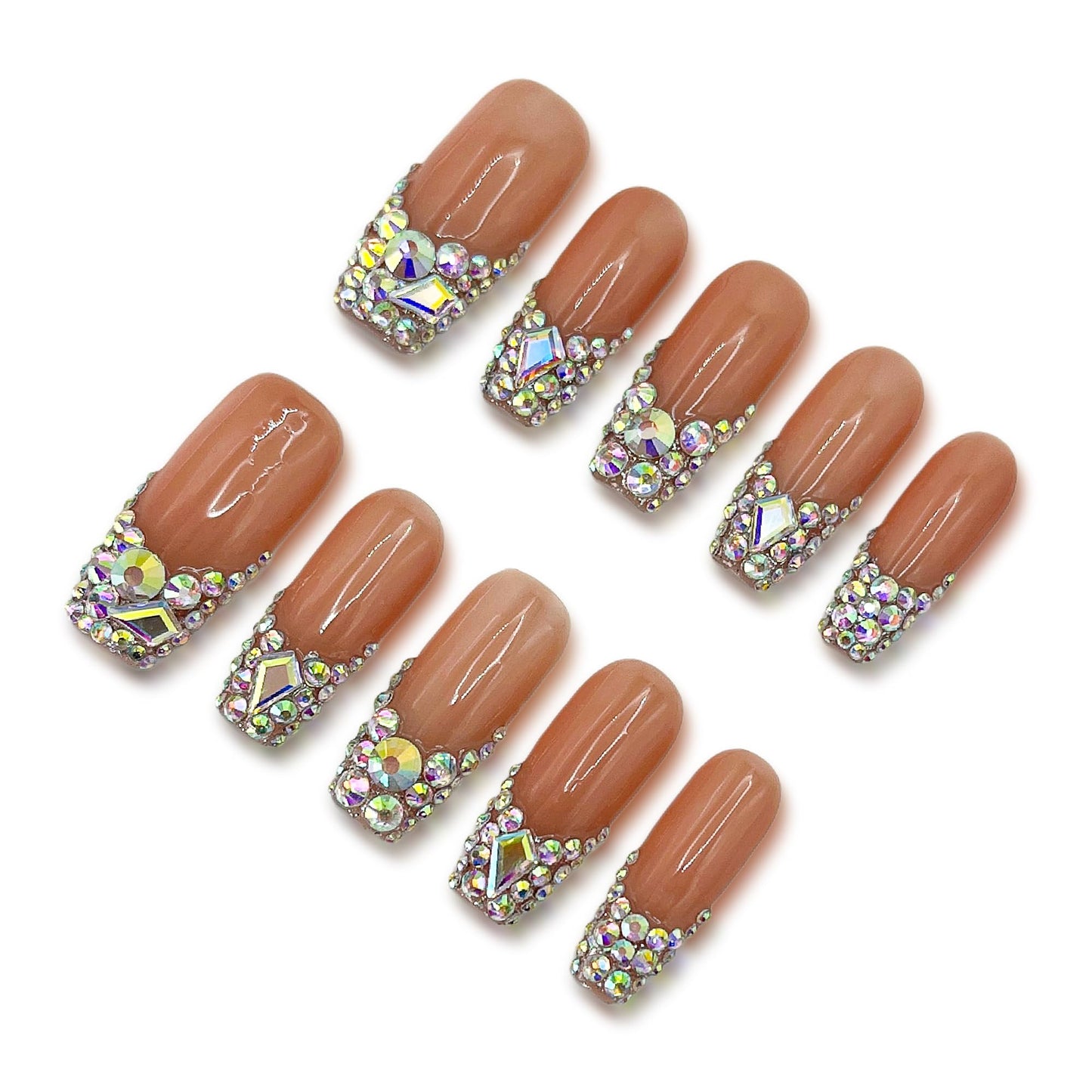 Yabonica Handmade Press On Nails Square French Tip,10Pcs Medium False Nails Press Ons with 3D Bling Rhinestones Design,Long Lasting&Reusable Glue On Nail for Woman Girls Party Daily Wear (012M)