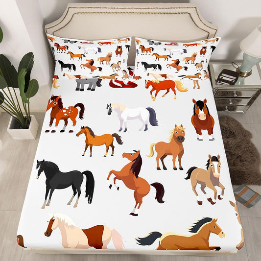 Cartoon Horse Bed Sheet for Boys Girls, Various Farm Animals Fitted Sheet for Teens Child Kids Man, Western Farmhouse Animals Bedding Sets, Cowboys Wildlife Bed Cover Twin Size Plain White