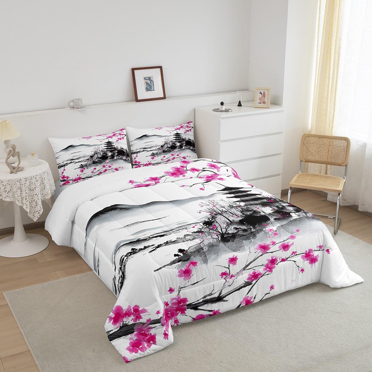 jejeloiu Japanese Bedding Set Full Size Kids Cherry Flower Comforter for Boys Girls Ink Painting Comforter Set Traditional Duvet Set Room Decorations Quilt Set