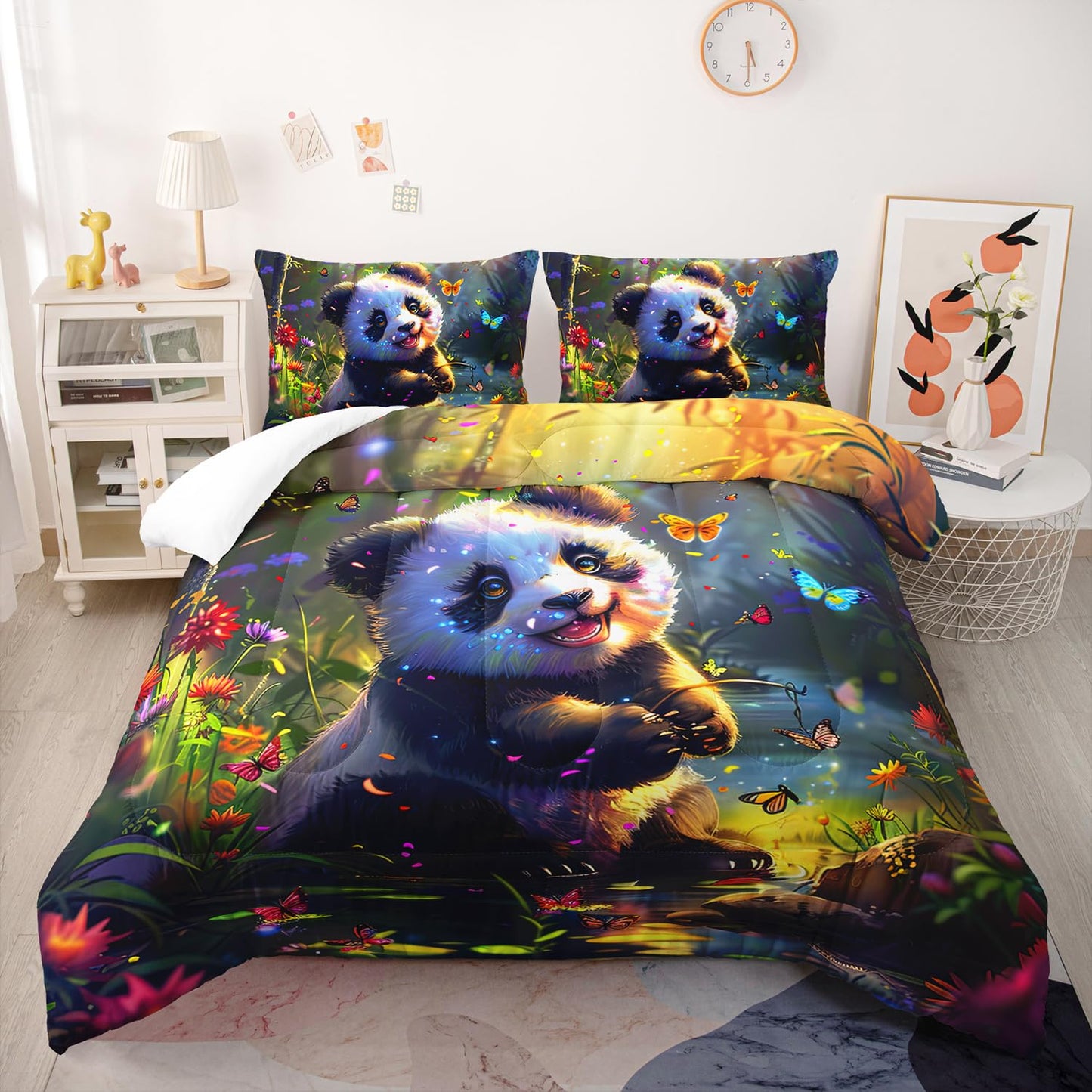 XYNHML Kawaii Black White Panda Comforter 3Pcs Panda Animal Themed Bedding Full Butterfly Bamboo Forest Quilt Set for Kid Teen Girl Boy Flower Botanical Bed Decor with 1 Comforter and 2 Pillowcases