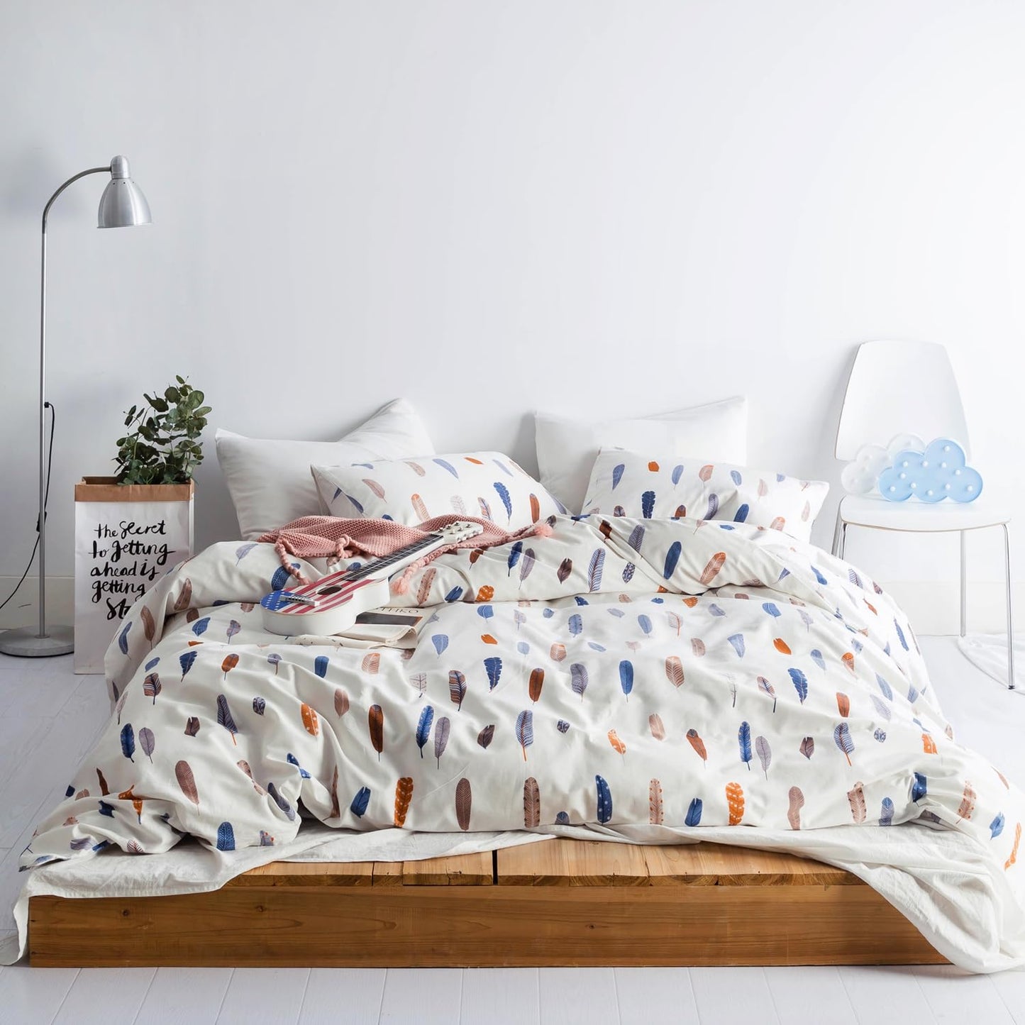 SUSYBAO Bohemian Feather Duvet Cover Queen 100% Cotton 3 Pcs Set 1 Blue Brown Boho Duvet Cover with Zipper Ties 2 Pillowcases Abstract Aesthetic Orange Bird Plume Print Bedding Set Soft