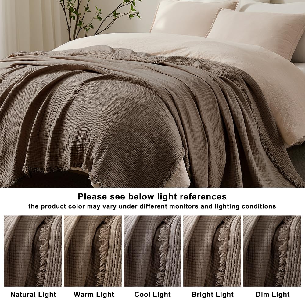 WDCOZY Muslin Throw Blanket 100% Cotton Blankets 4-Layer Breathable Lightweight Soft for Couch Boho Farmhouse Linen Tassels Ruffle Gauze Blankets 50x60 Inches Brown Mocha Chocolate Coffee Taupe