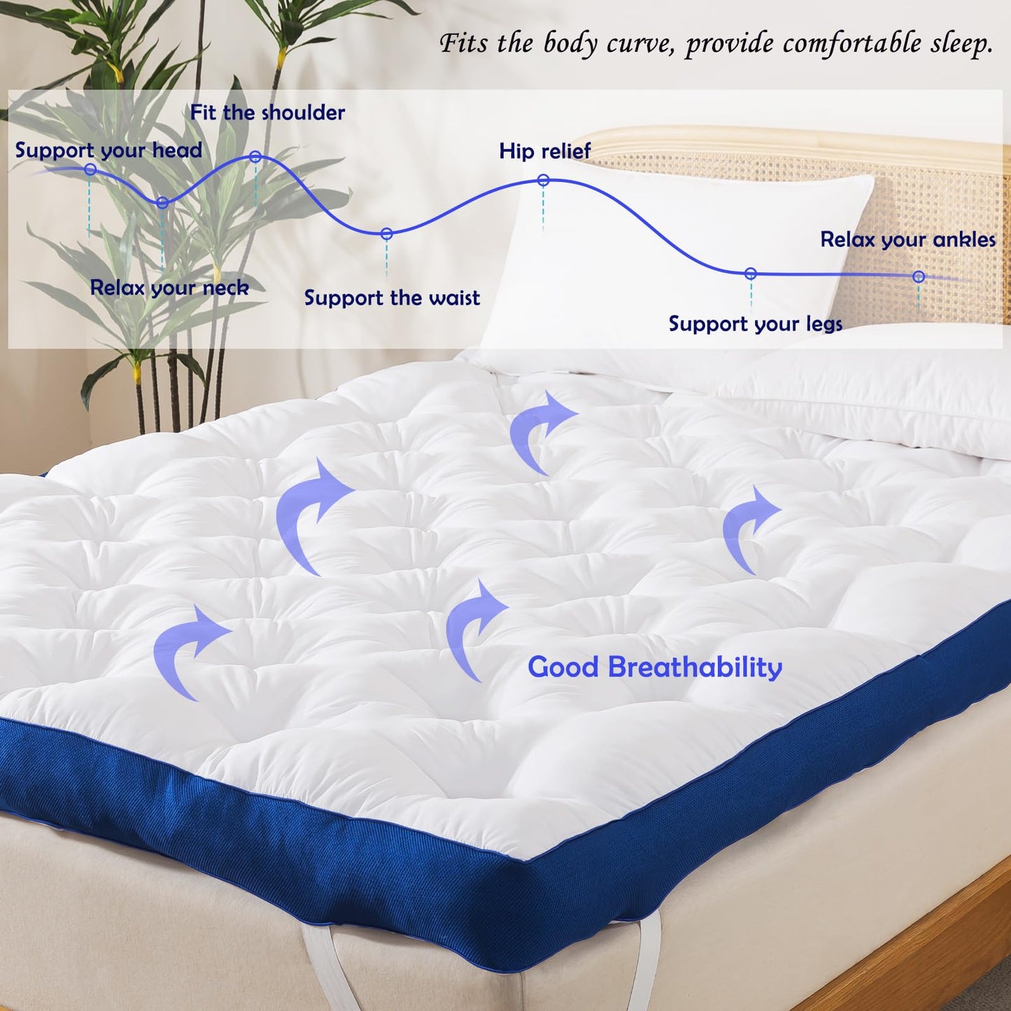 WhatsBedding 5 Inch Memory Foam Mattress Topper Queen for Back Pain, Filled with Flfuffy Soft Breathable Stuffing, Thick Supportive Pillow Top Queen Mattress Topper