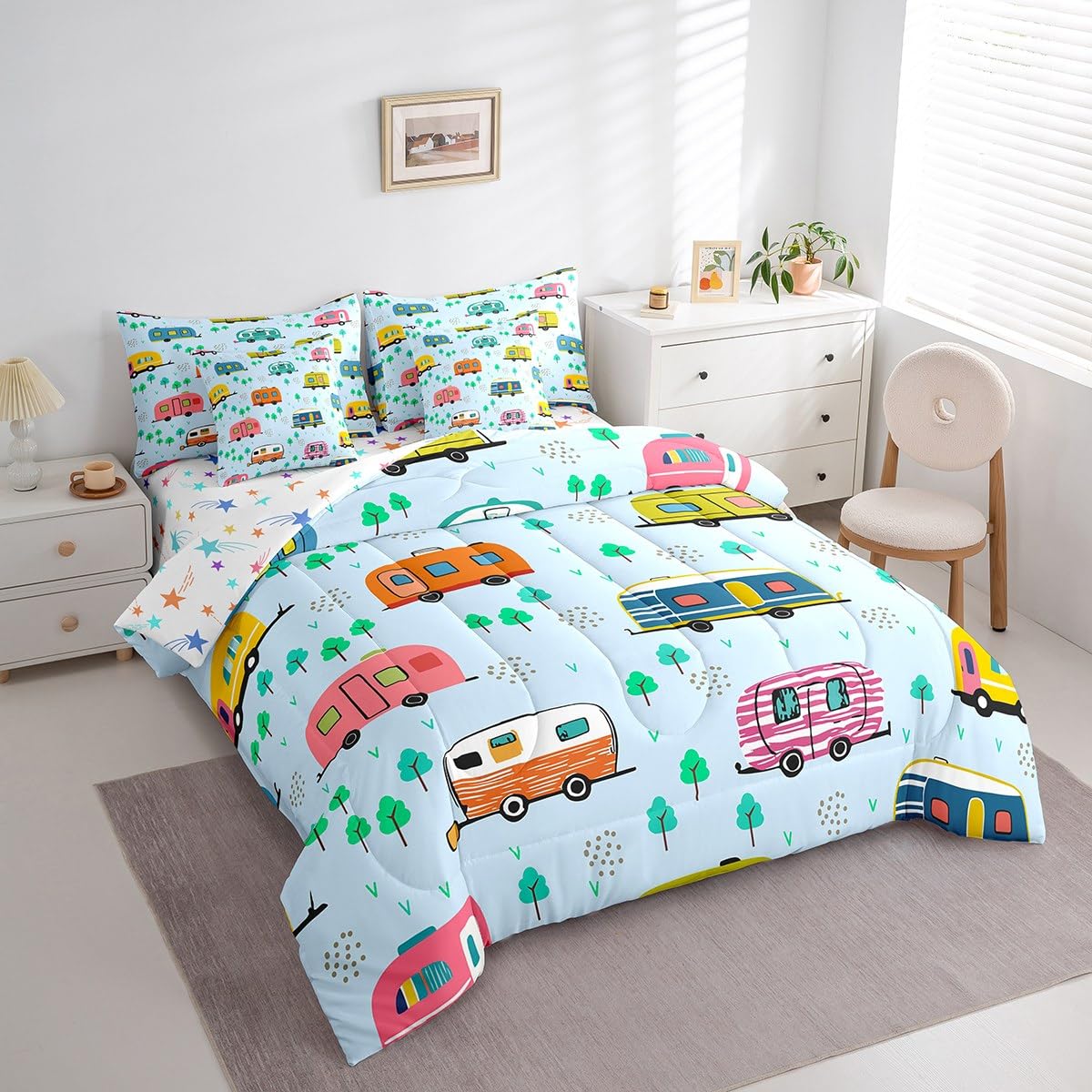 Erosebridal Travel RV Comforter Set Twin Size,Happy Camping Bedding Set for Kids Teens,Cartoon Trees (Comforter+Fitted+Flat Sheet+2 Pillowcases+2 Throw Pillow Covers) 7 Pieces Bed Set
