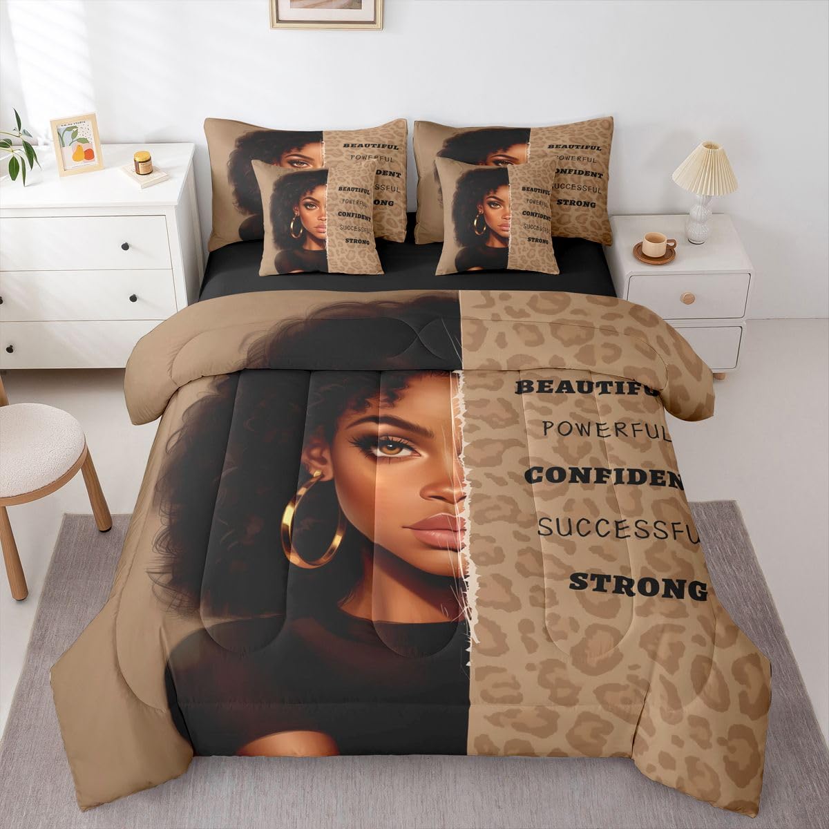Erosebridal Aesthetic Black Girls Queen Bedding Set Fashion Leopard Print Comforter Set with Flat and Fitted Sheet Modern Cheetah Girl 7-Piece Bed in a Bag Women Empowering Words Art Quilt Sets