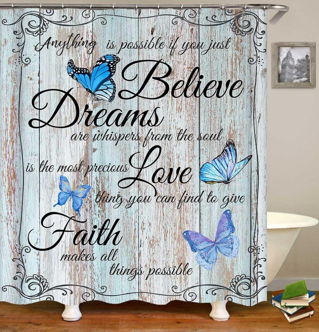 AYULO 4 PCS Blue Butterfly Shower Curtain Set with Rugs and Accessories Non-Slip Rugs, Toilet Lid Cover and Bath Mat Waterproof Shower Curtains Inspirational Quotes Farmhouse Bathroom Decor