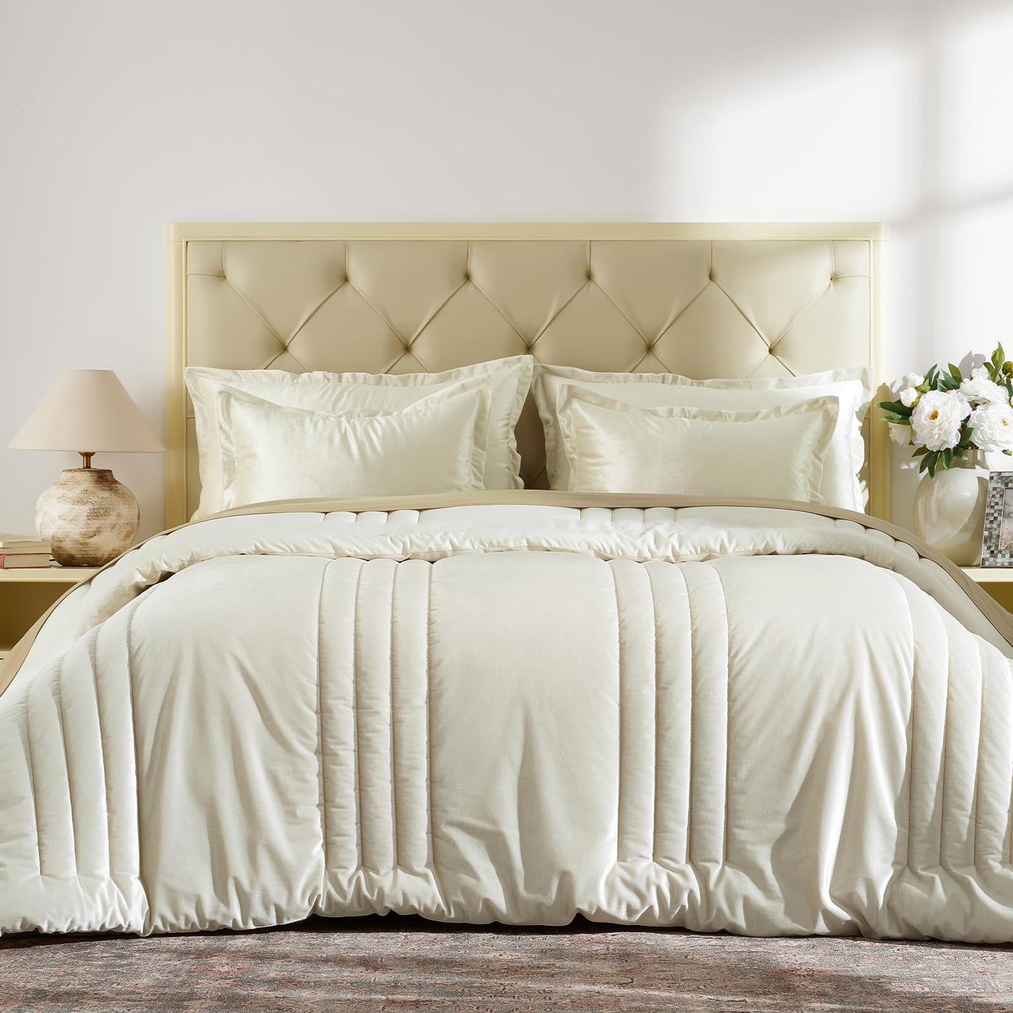 Bedding Velvet King Comforter Sets: Ivory 3 Pieces Luxurious Ultra Soft Bed Set Suitable for All Seasons - Cream White Cozy Striped Modern Rustic Lightweight Men Women Bedroom Comforters with 2 Shams