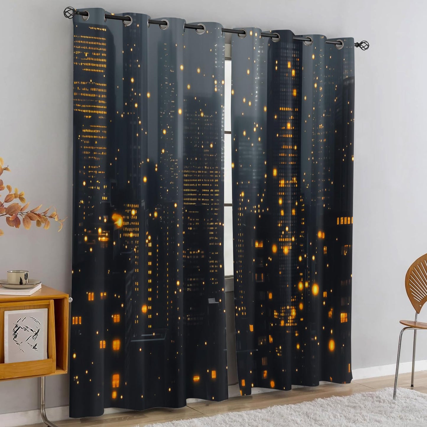 XAFIAUR Cityscape at Night Blackout Curtains, City Buildings Printed Drapes, Orange Lights Thermal Insulated Drapes 2 Panels Darkening Window Curtain for Bedroom Living Room 31.5" W x 45" L x2