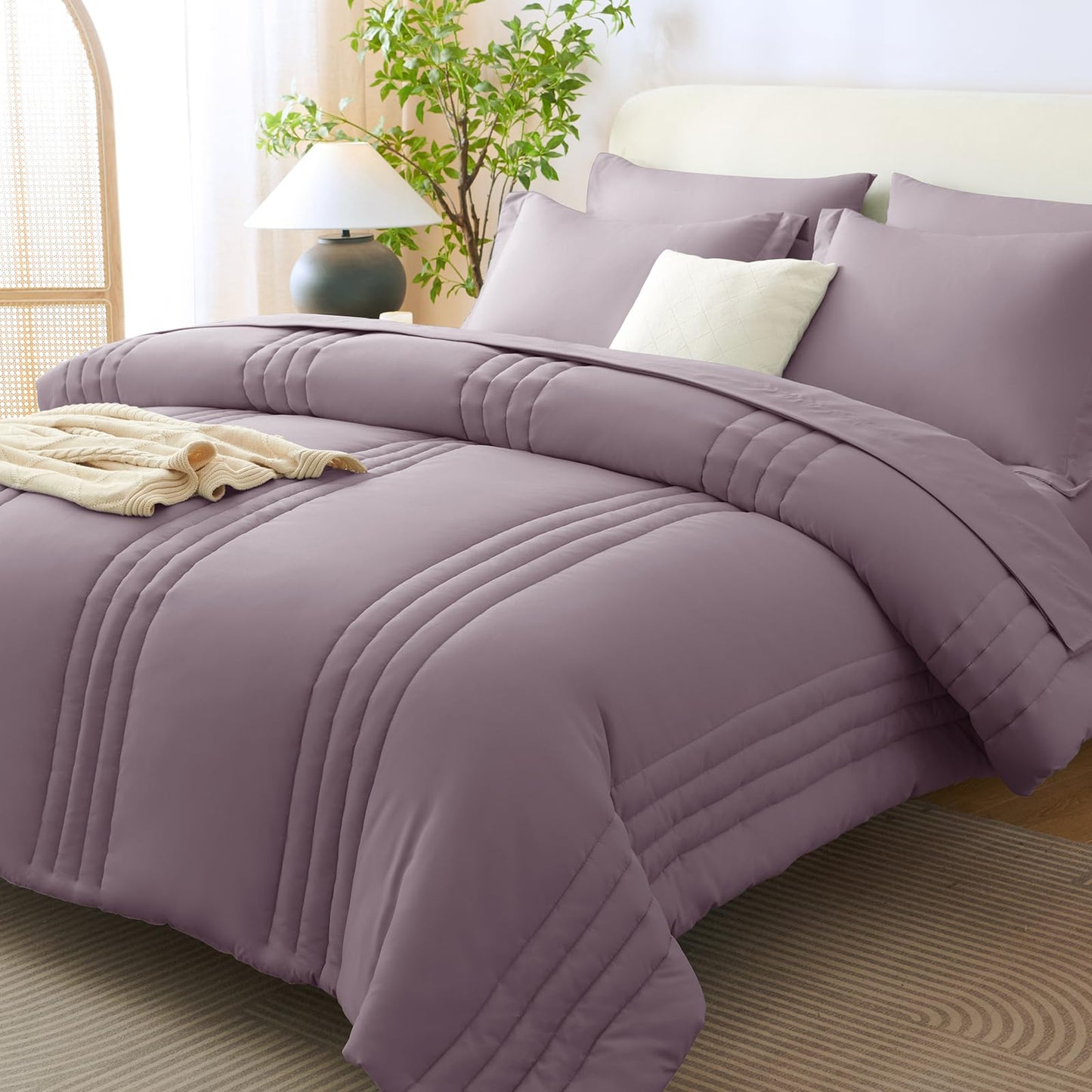 CozyLux King Size Comforter Set Dusty Purple - 7 Pieces Bed in a Bag, Modern Vertical Quilted Room Decor, Soft All-Season Bedding Gift with Comforter, Sheets, Pillowcases & Shams