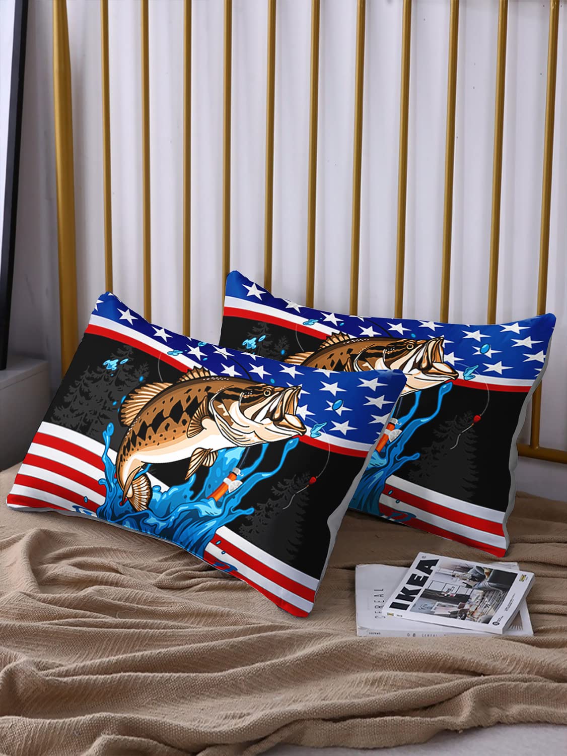 HOSIMA Big Pike Fishing Fitted Sheet Full,Bass Fish American Flag Pattern Hunting and Fishing Bed Set Full Size for Boys Room Decor, 1 Fitted Sheet + 2 Pillowcases.