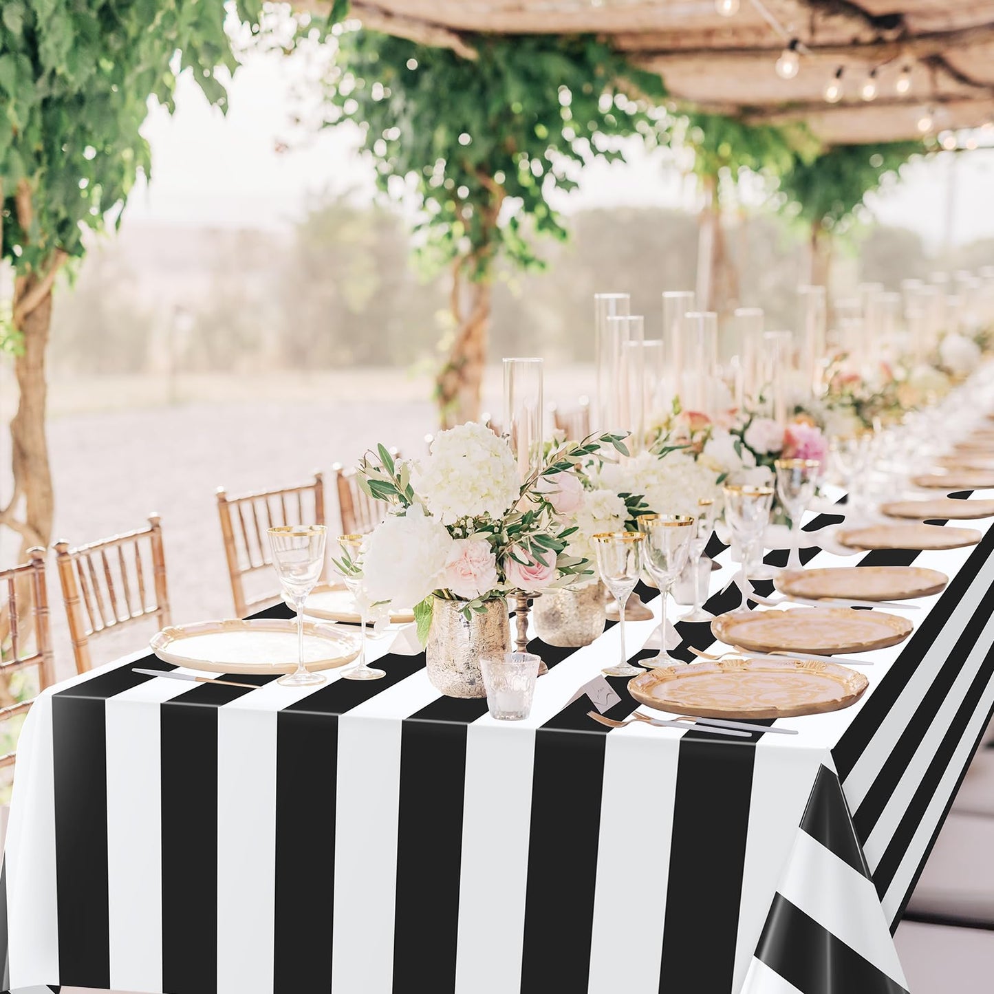 3pcs 54x108Inch Black and White Horizontal Striped Table Cloth Classic Black Stripe Tablecloths Disposable Plastic Stripe Waterproof Table Covers for Picnic Halloween Ghost Party