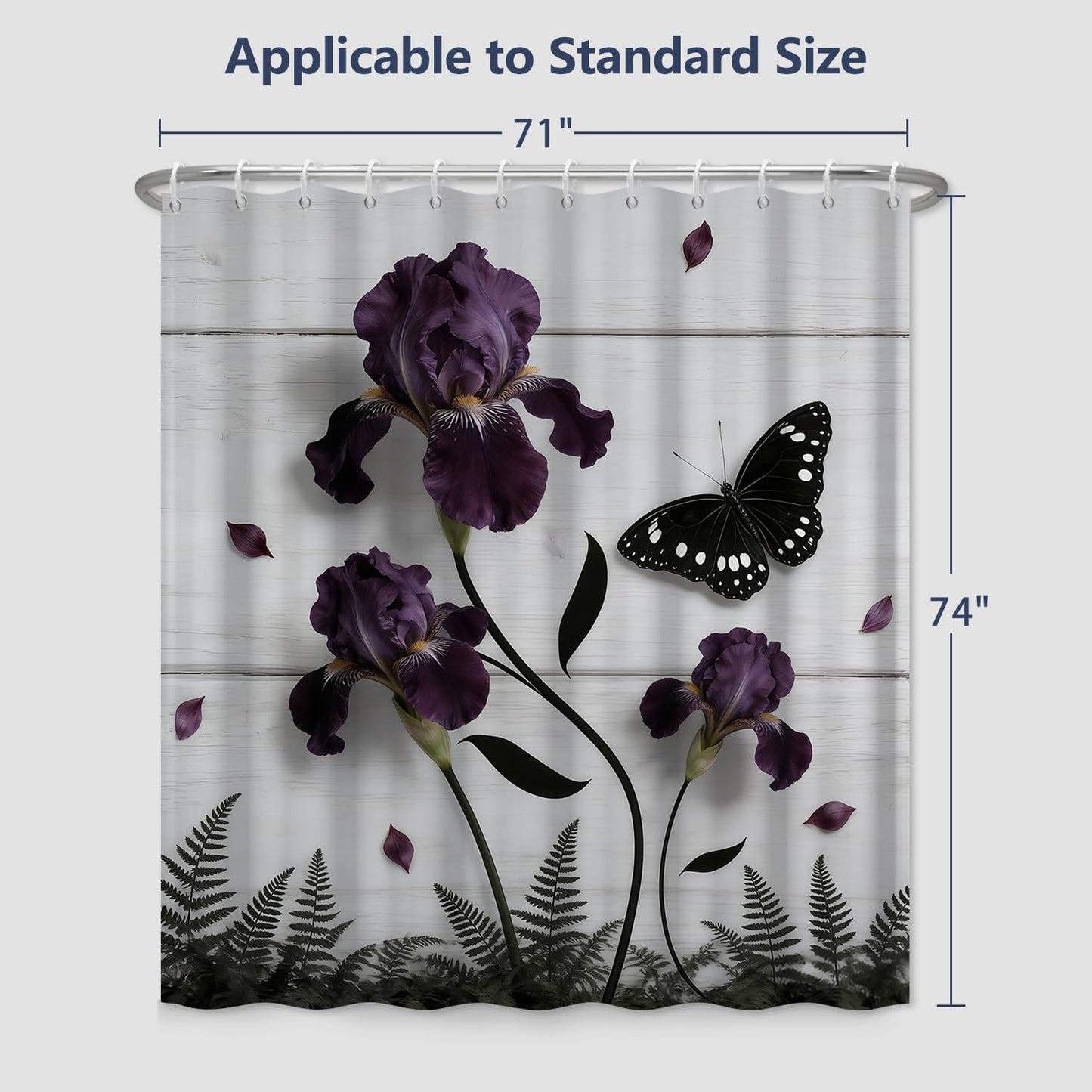 Xiazhilaio 71"x74" Floral & Butterfly Shower Curtain with Hooks – Moody Purple Flower & Botanical Print Waterproof Fabric Bath Curtain for Dark Academia Farmhouse Bathroom Decor